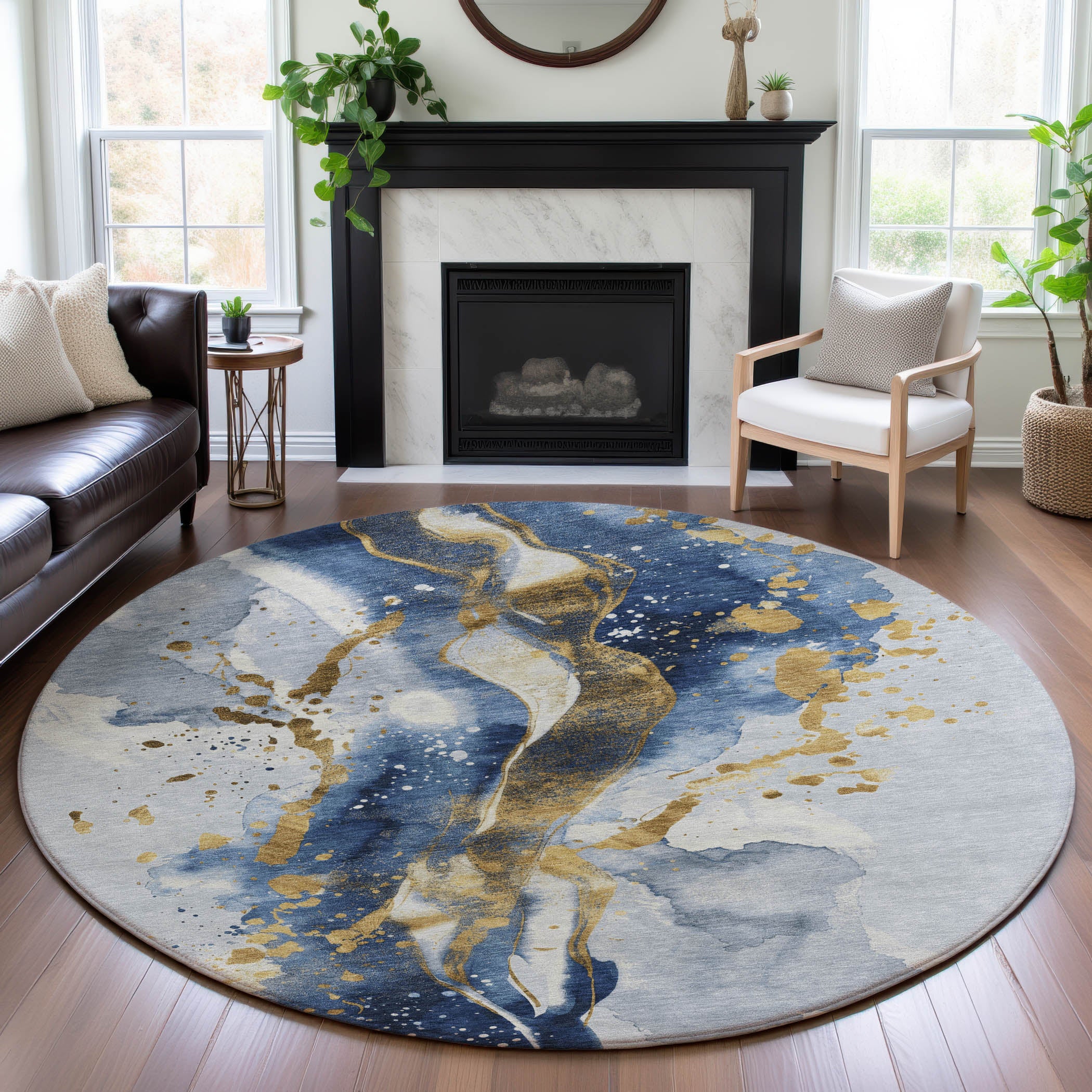 Mdina Machine Washable Transitional Blue Rug 8' x 8' #shape_Round