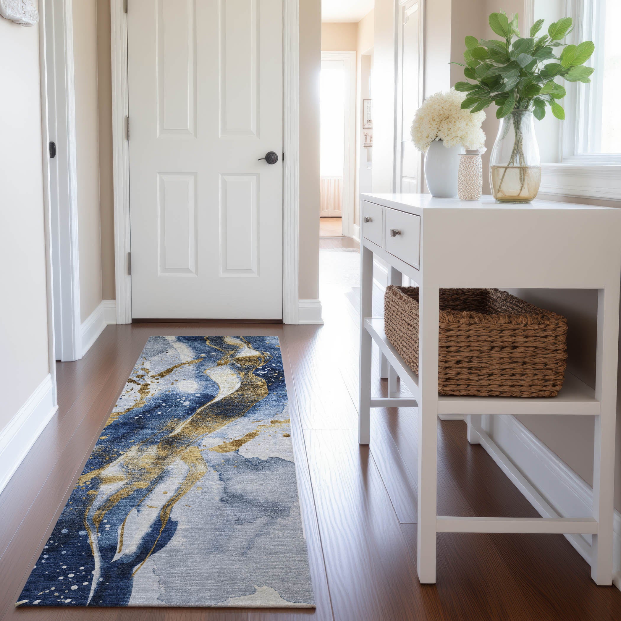 Mdina Machine Washable Transitional Blue Rug 2'3" x 7'6" #shape_Runner