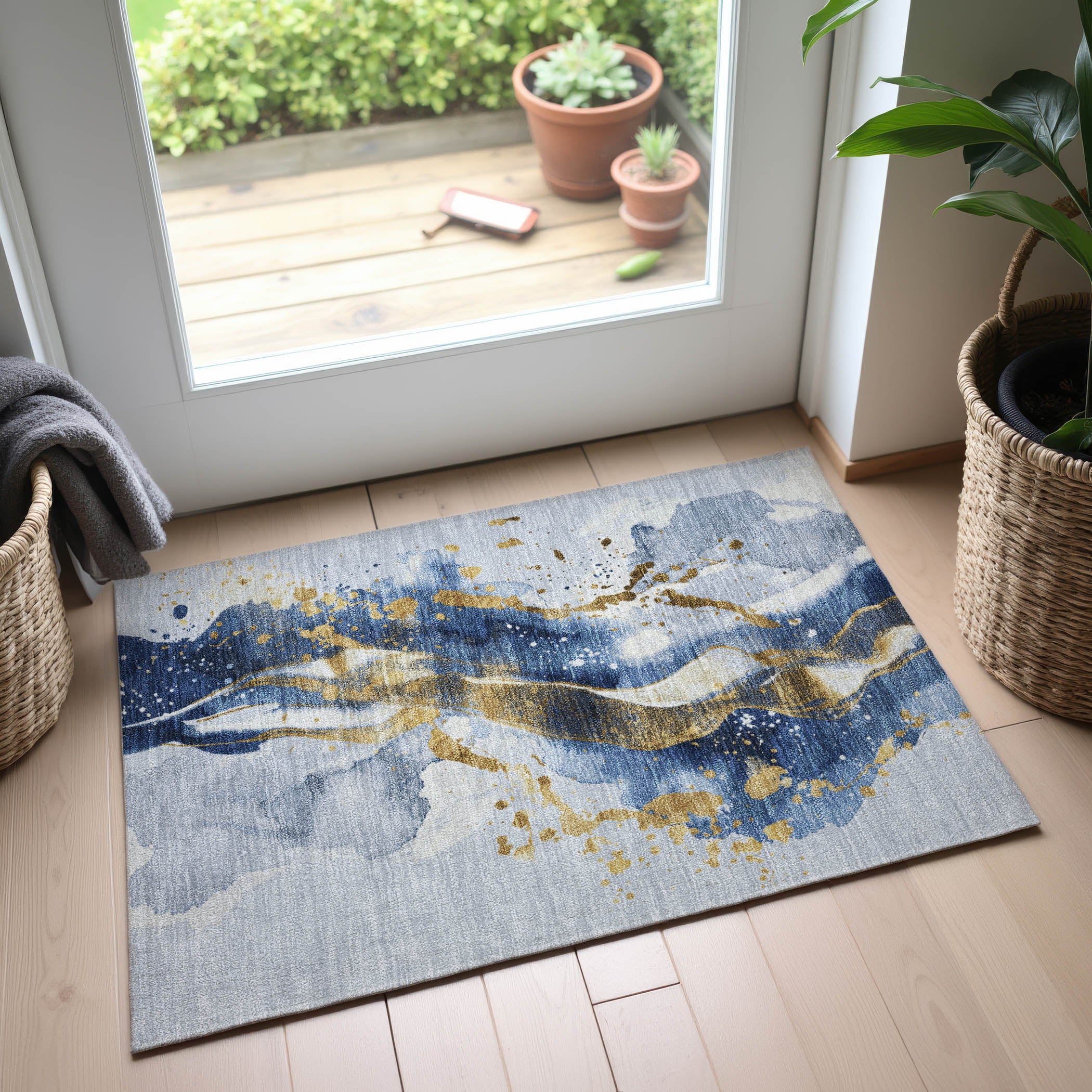 Mdina Machine Washable Transitional Blue Rug 1'8" x 2'6" #shape_Rectangle