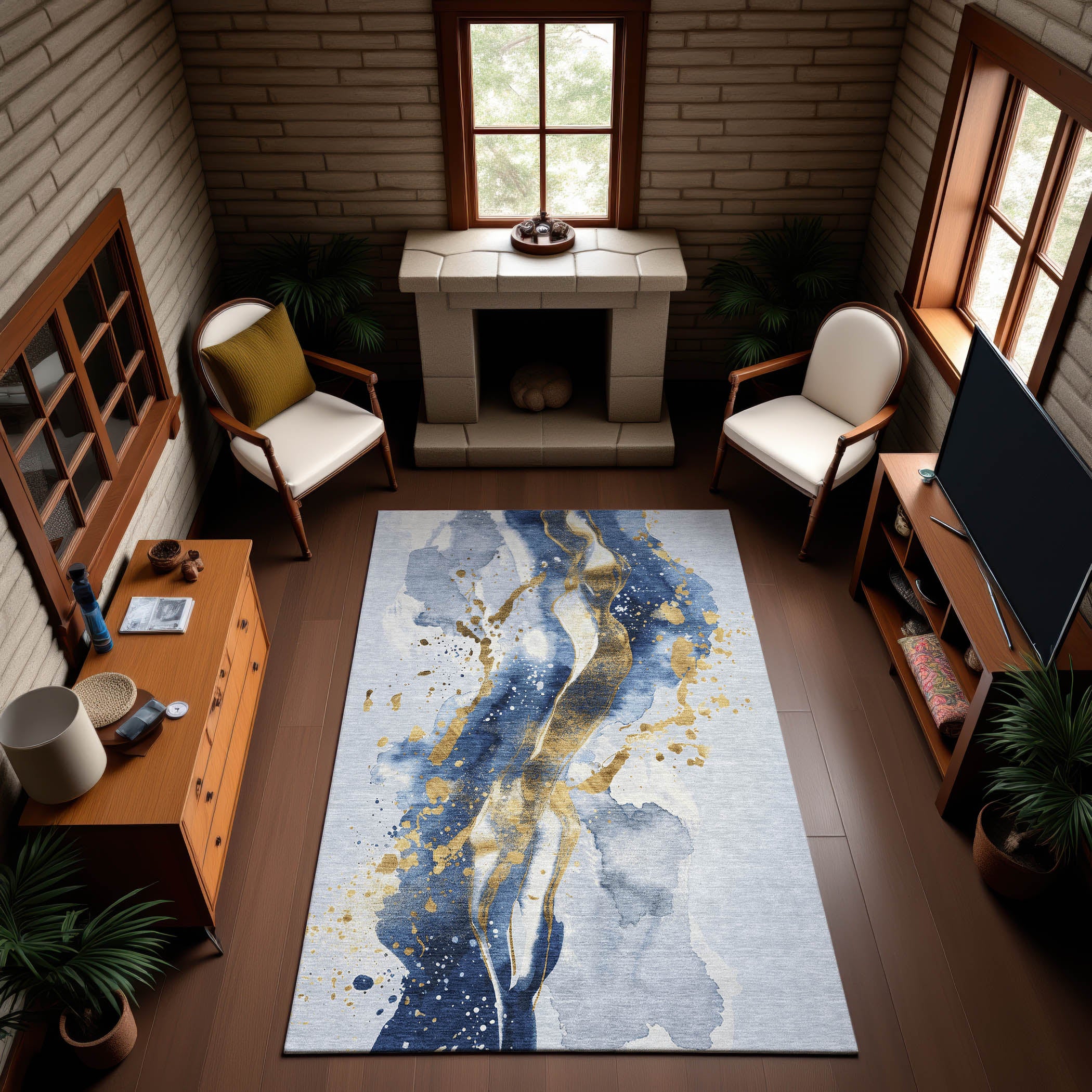 Mdina Machine Washable Transitional Blue Rug 2'6" x 3'10" #shape_Rectangle