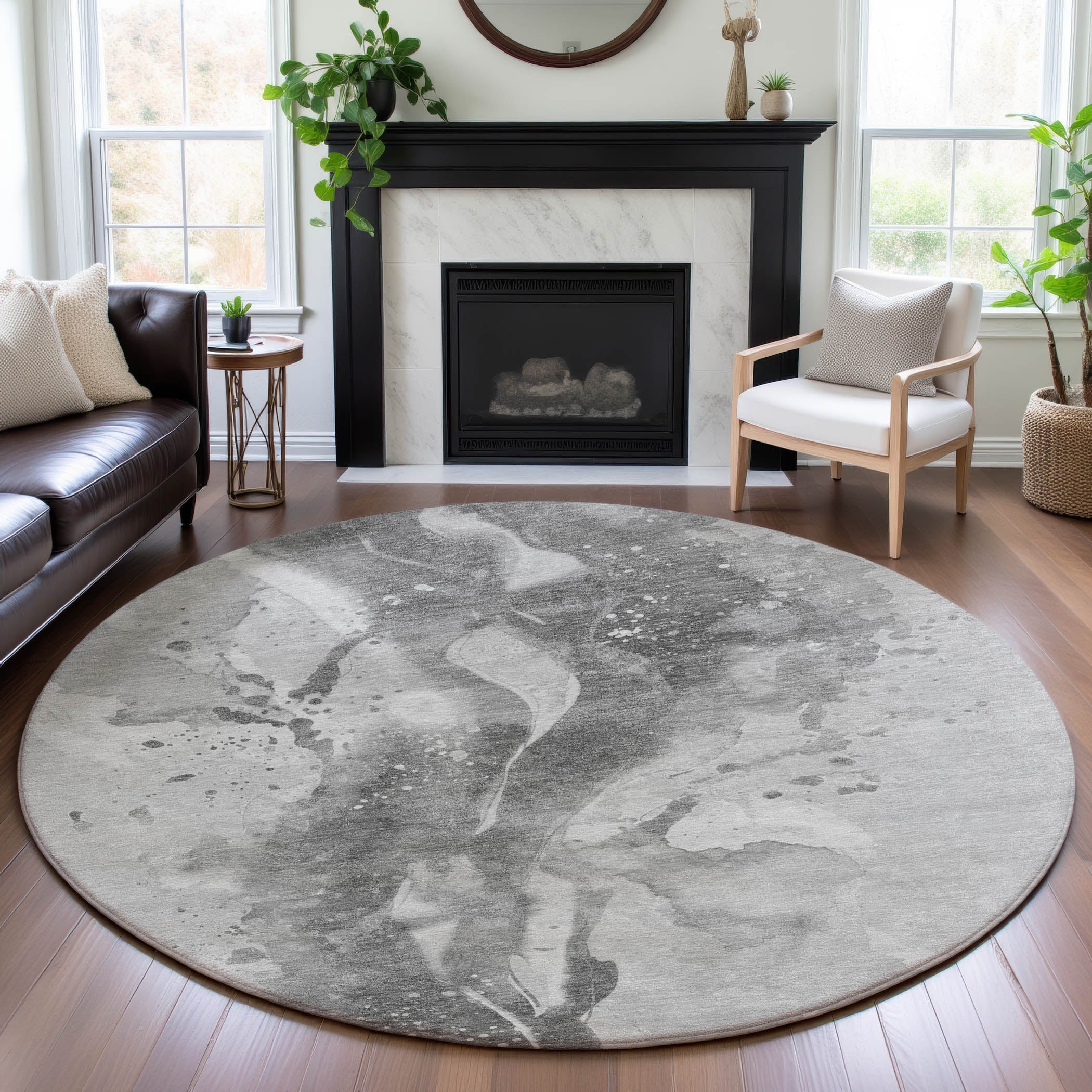 Mdina Machine Washable Transitional Gray Rug 8' x 8' #shape_Round