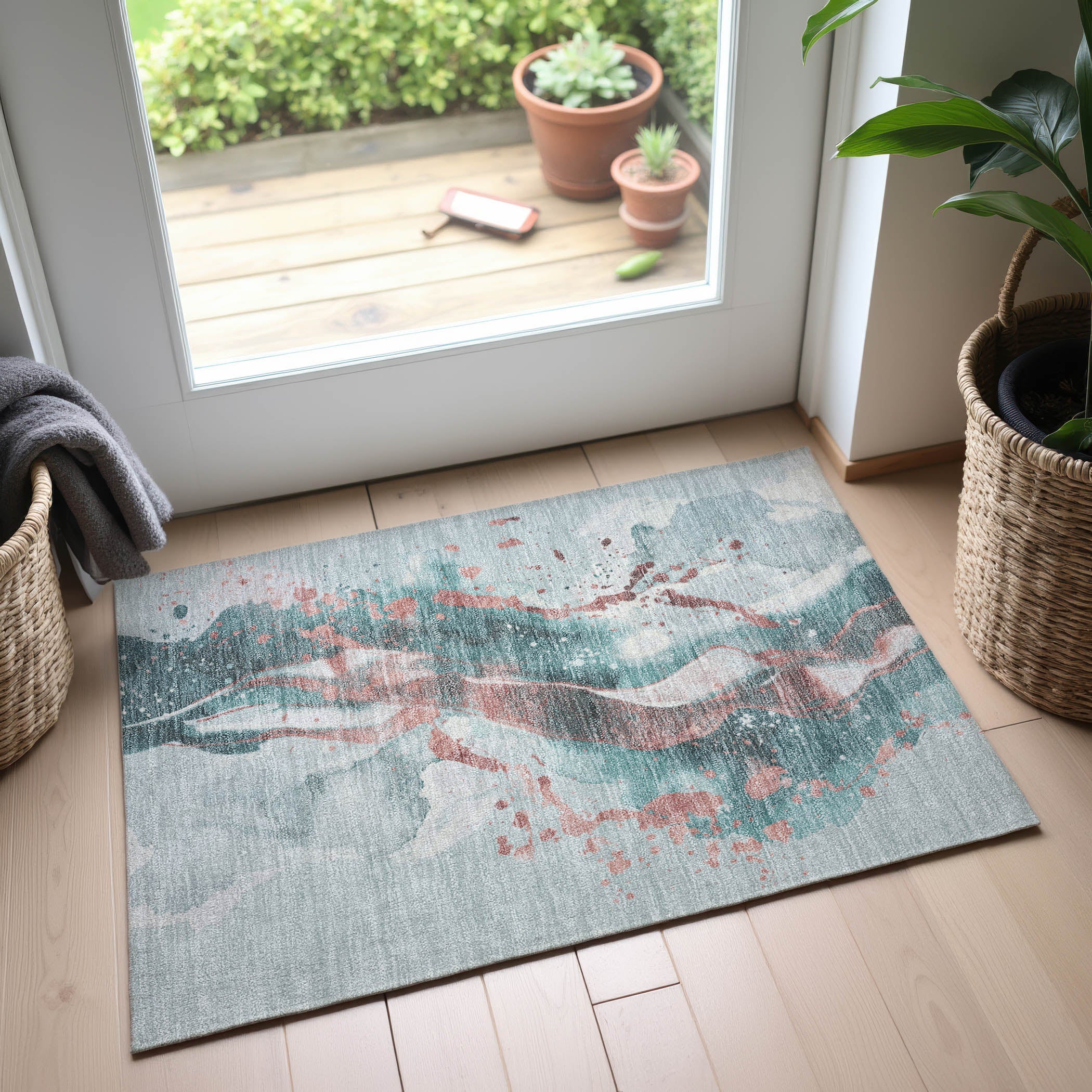 Mdina Machine Washable Transitional Teal Rug 1'8" x 2'6" #shape_Rectangle