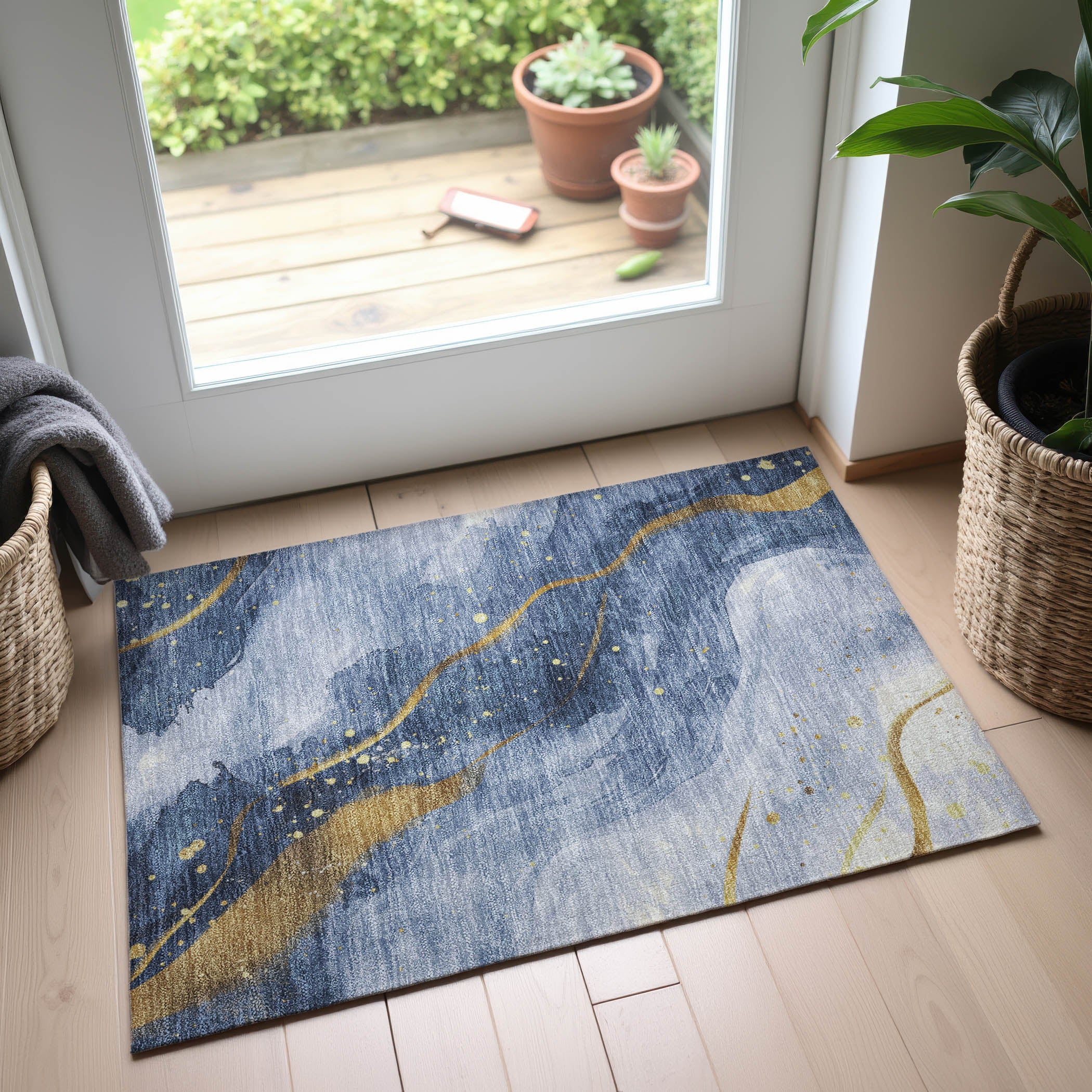 Seville Machine Washable Transitional Blue Rug 1'8" x 2'6" #shape_Rectangle