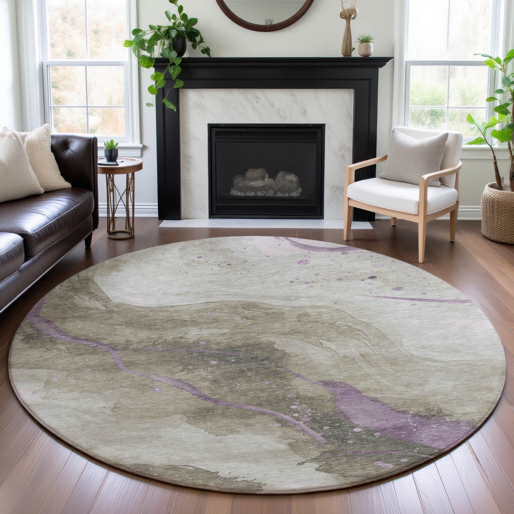 Seville Machine Washable Transitional Taupe Brown Rug 8' x 8' #shape_Round