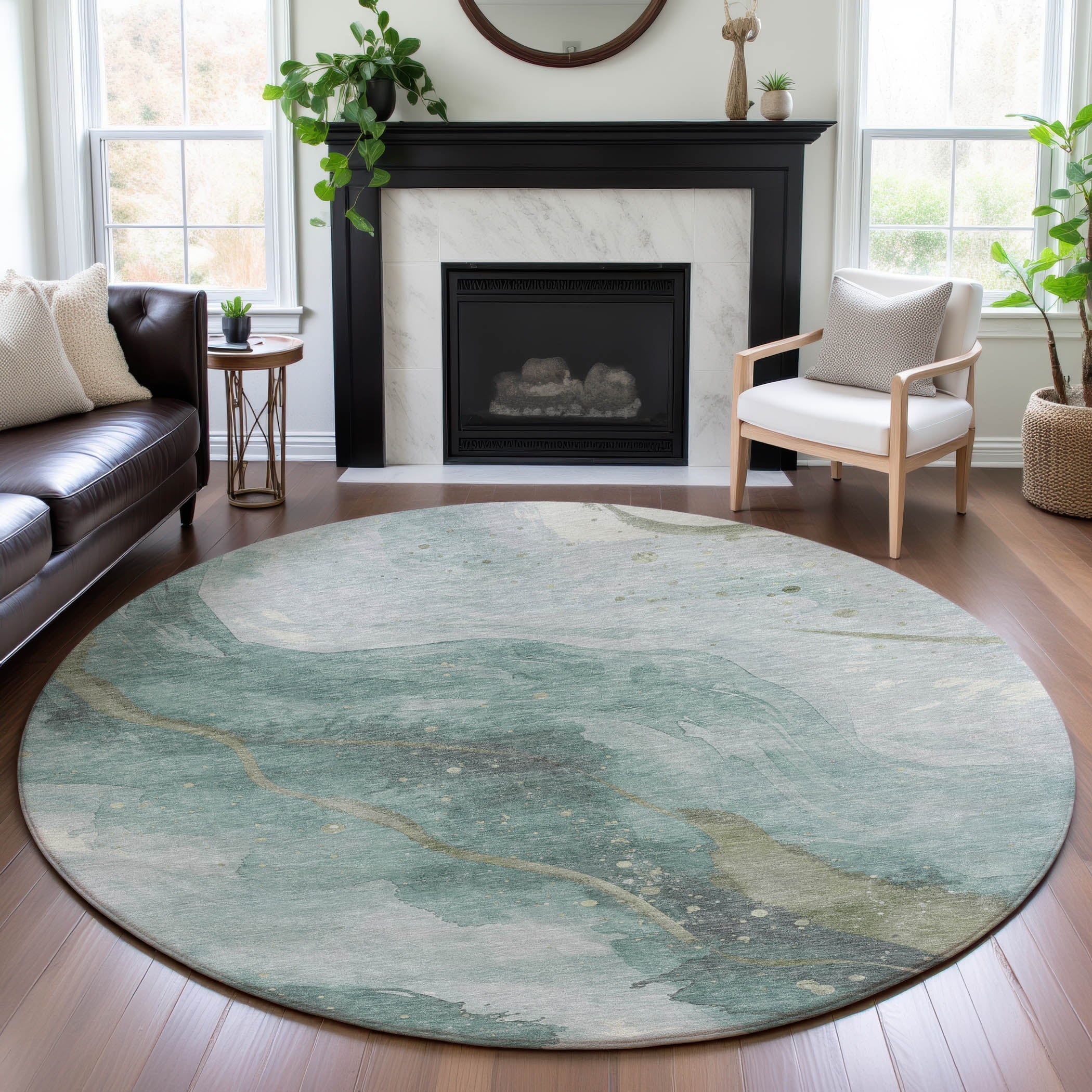 Seville Machine Washable Transitional Teal Rug 8' x 8' #shape_Round