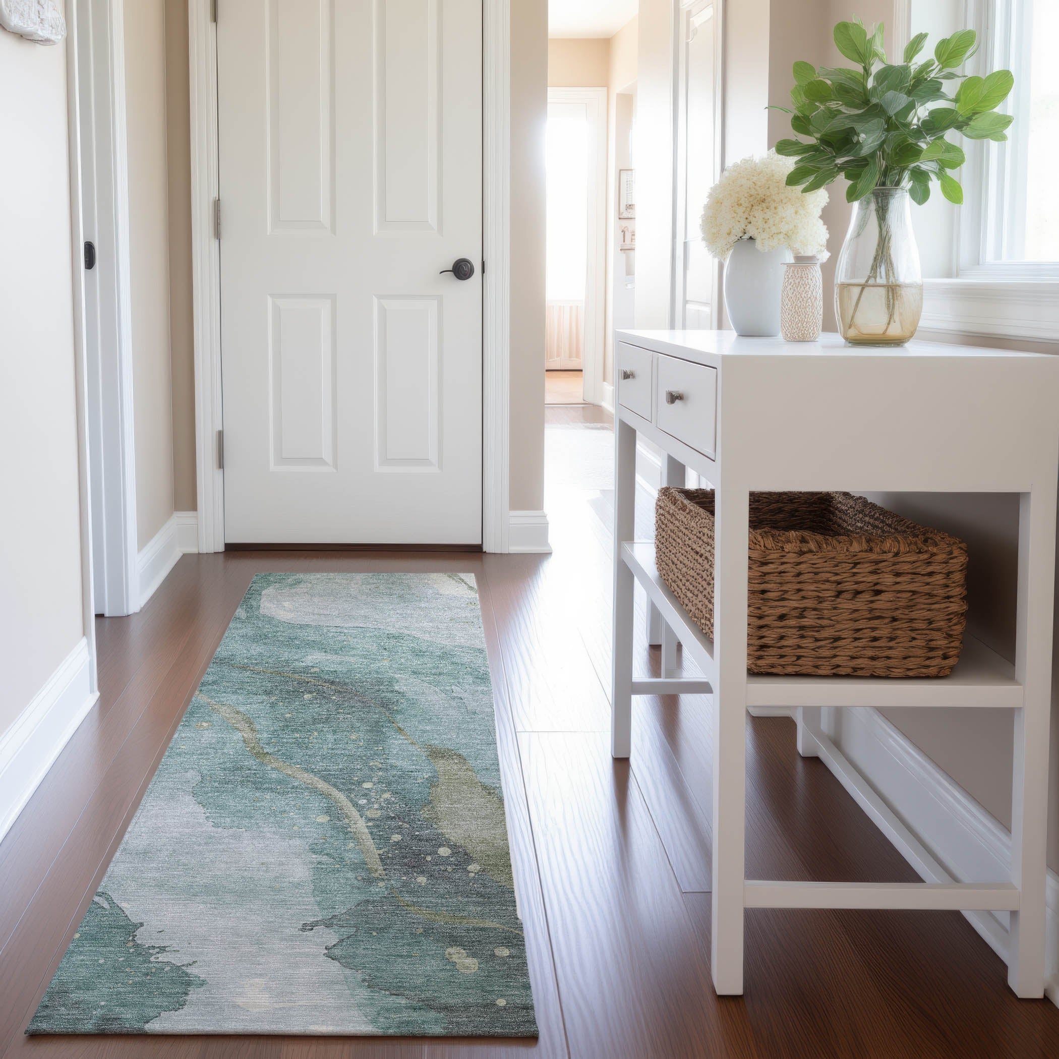 Seville Machine Washable Transitional Teal Rug 2'3" x 7'6" #shape_Runner