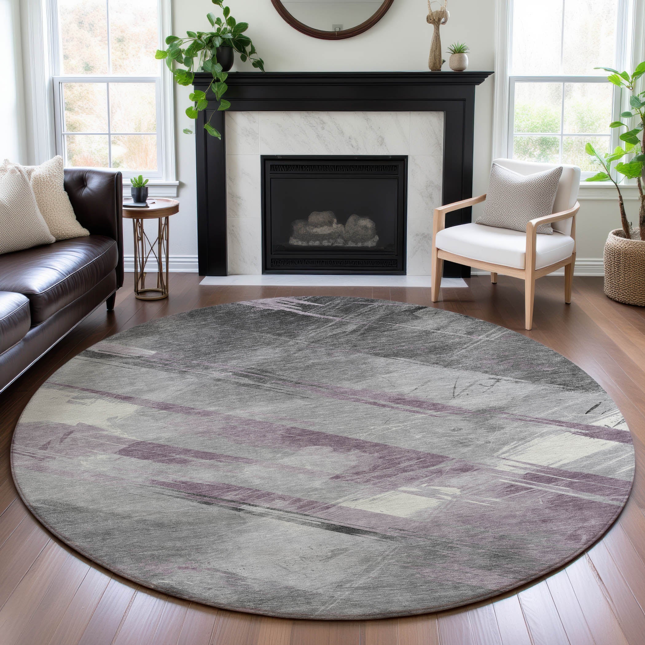 Seoul Machine Washable Transitional Lavender Purple Rug 8' x 8' #shape_Round