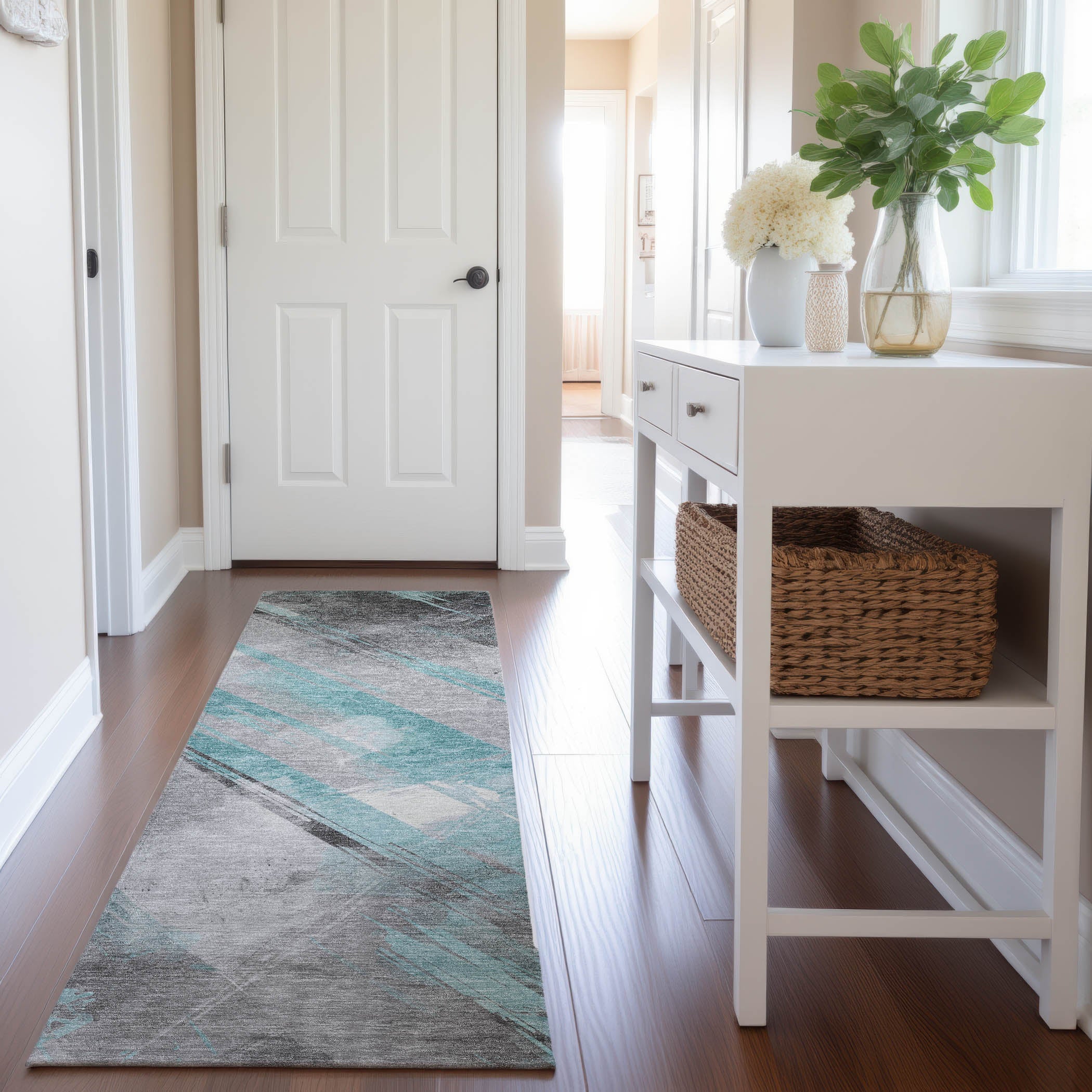 Seoul Machine Washable Transitional Teal Rug 2'3" x 7'6" #shape_Runner