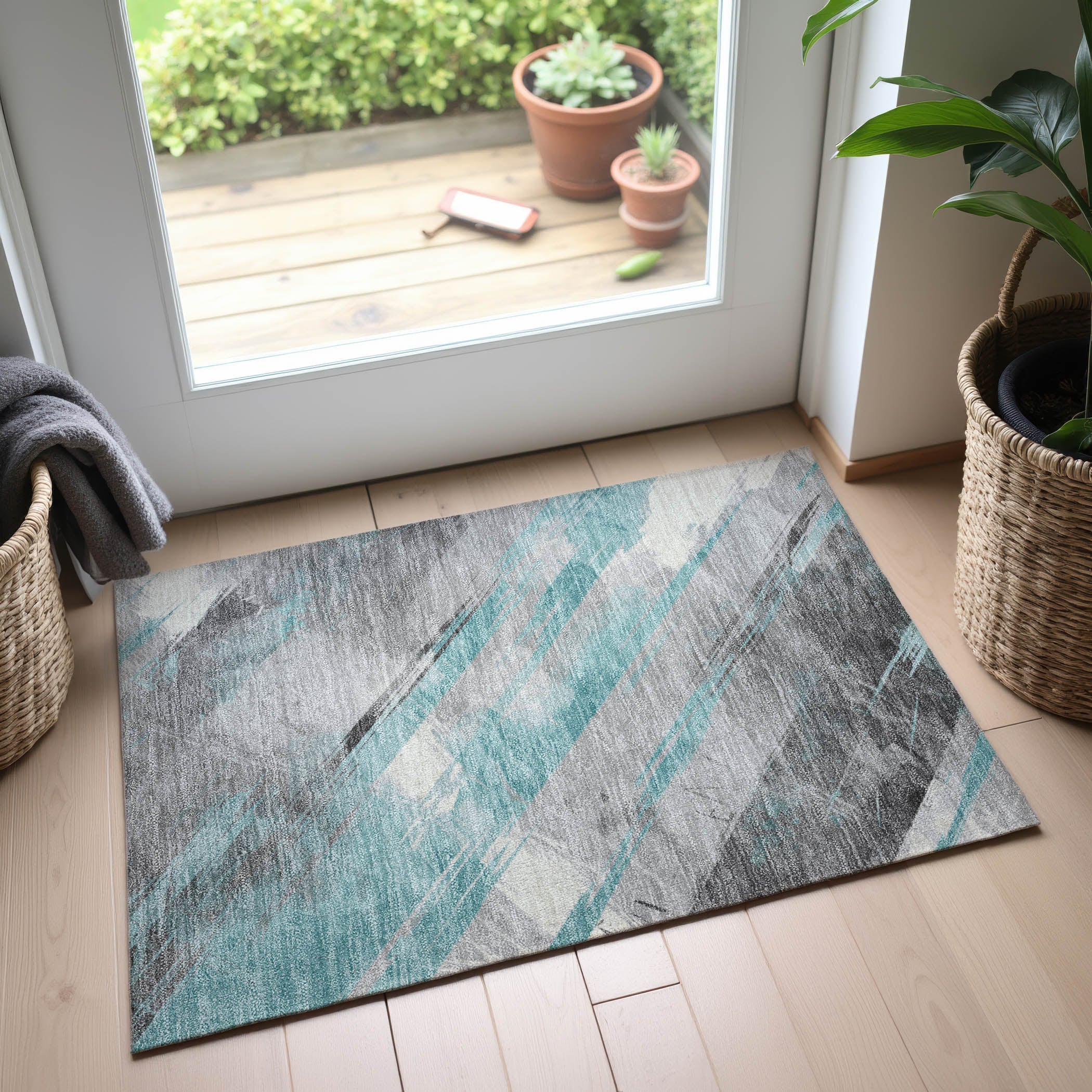 Seoul Machine Washable Transitional Teal Rug 1'8" x 2'6" #shape_Rectangle