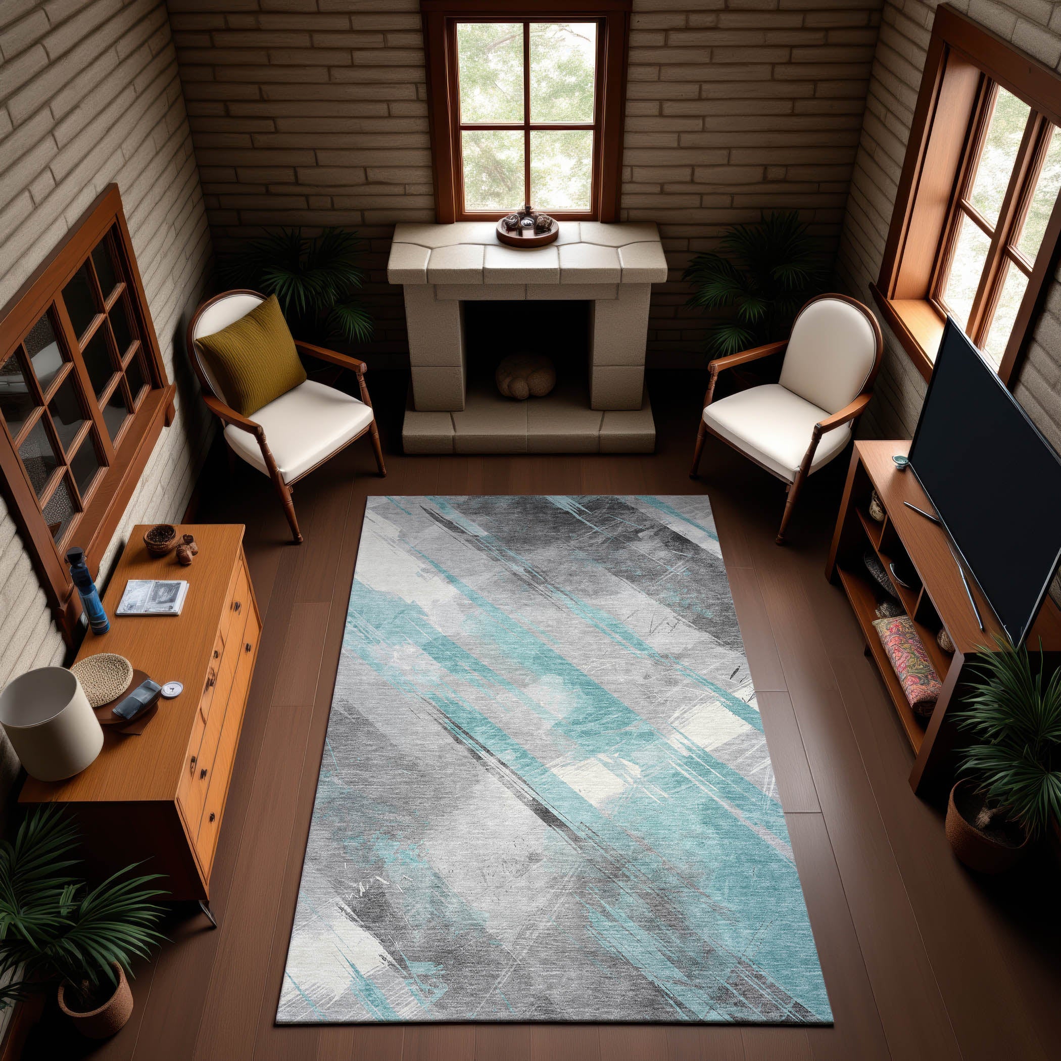 Seoul Machine Washable Transitional Teal Rug 2'6" x 3'10" #shape_Rectangle