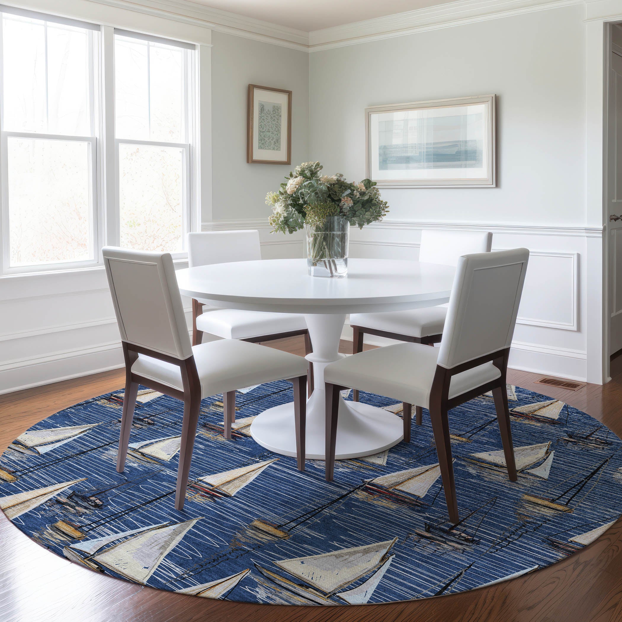 Dublin Machine Washable Coastal Navy Blue Rug 8' x 8' #shape_Round