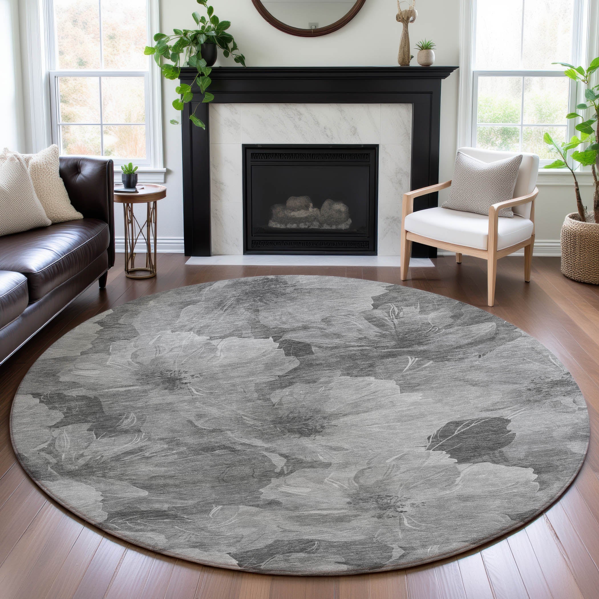 Bangkok Machine Washable Transitional Gray Rug 8' x 8' #shape_Round