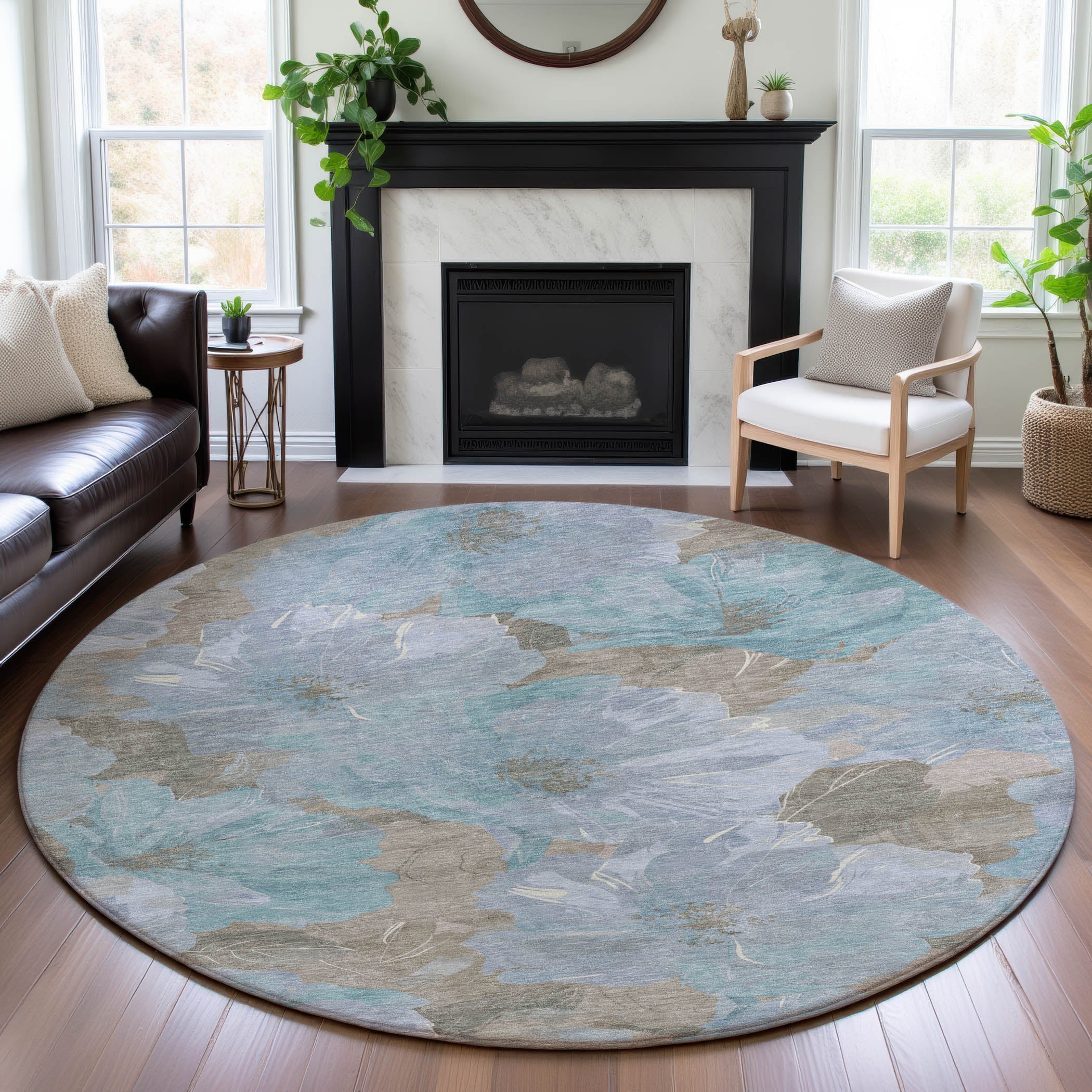 Bangkok Machine Washable Transitional Sky Blue Rug 8' x 8' #shape_Round