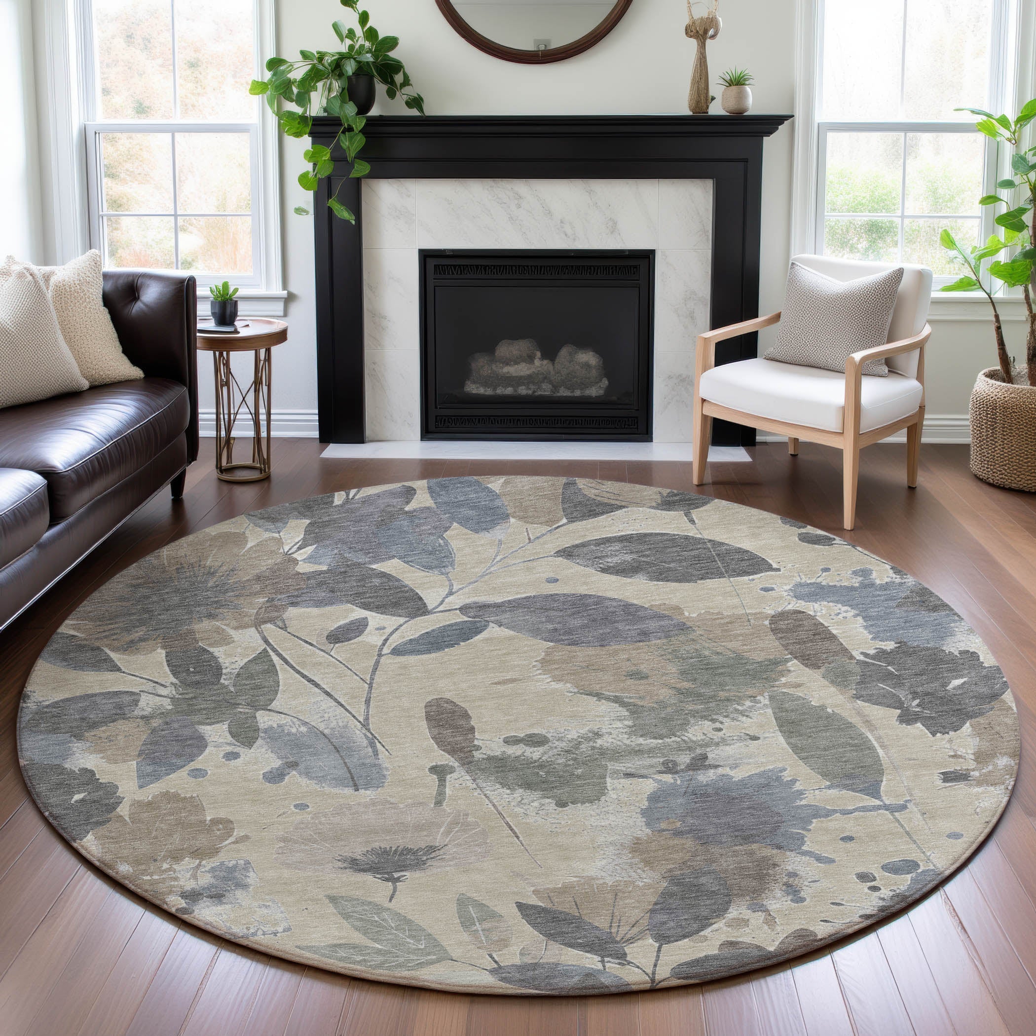Montevideo Machine Washable Transitional Beige Brown Rug 8' x 8' #shape_Round