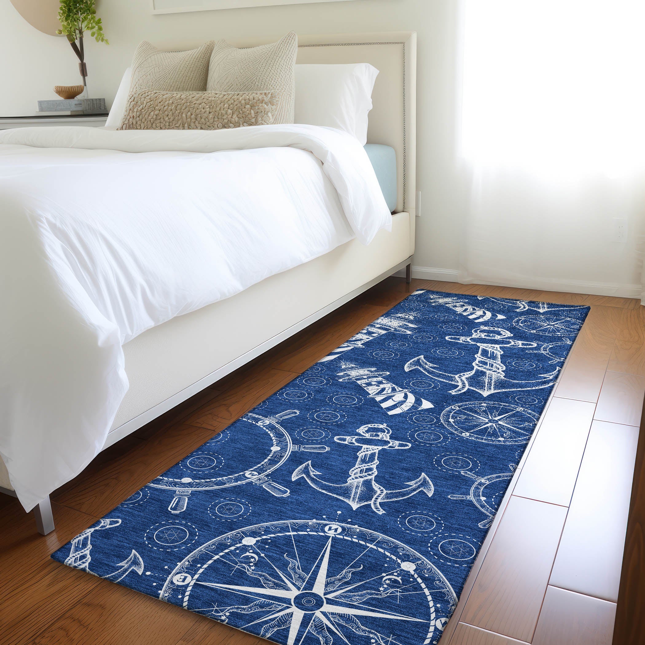 Baku Machine Washable Coastal Navy Blue Rug 2'3" x 7'6" #shape_Runner