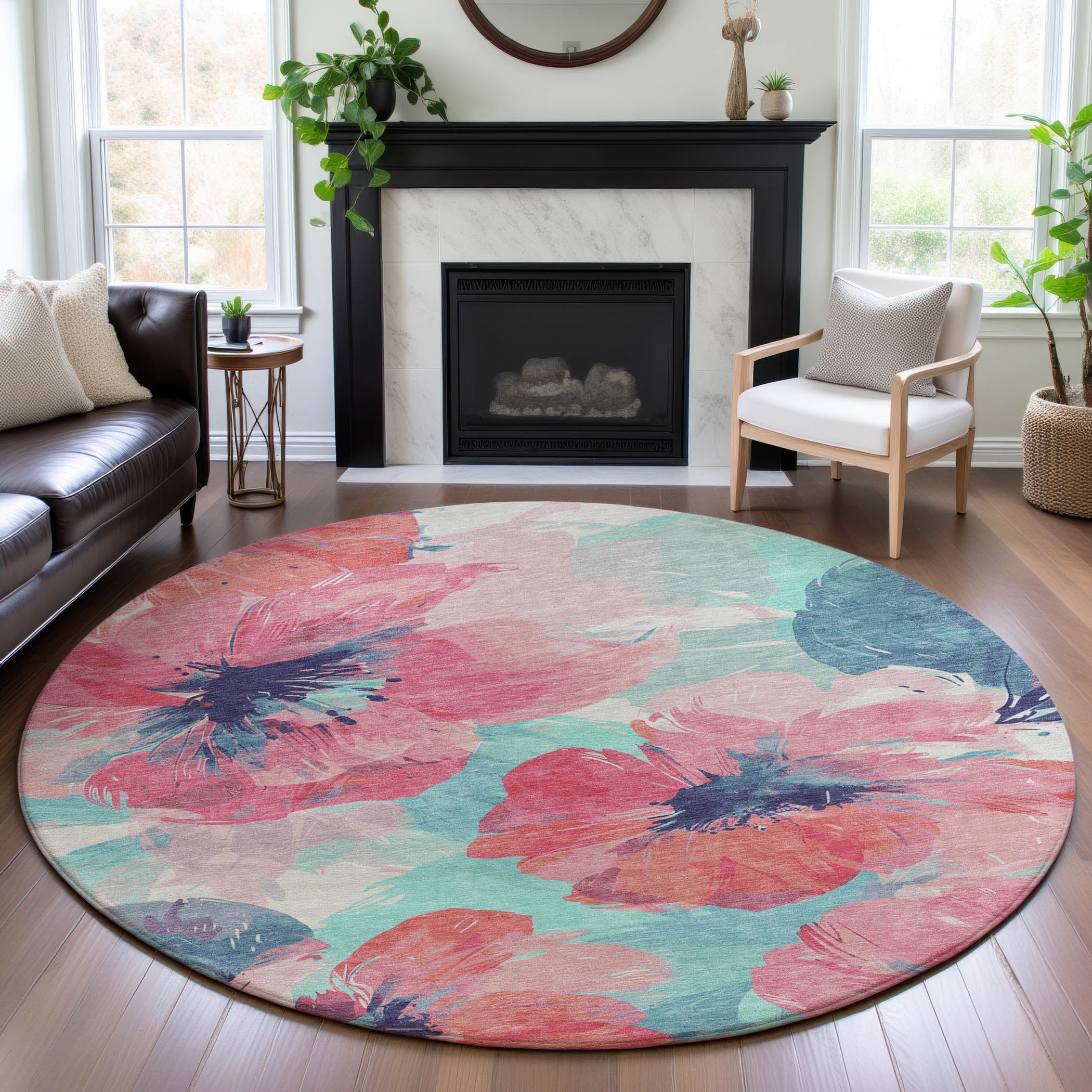 Split Machine Washable Transitional Pink Rug 8' x 8' #shape_Round