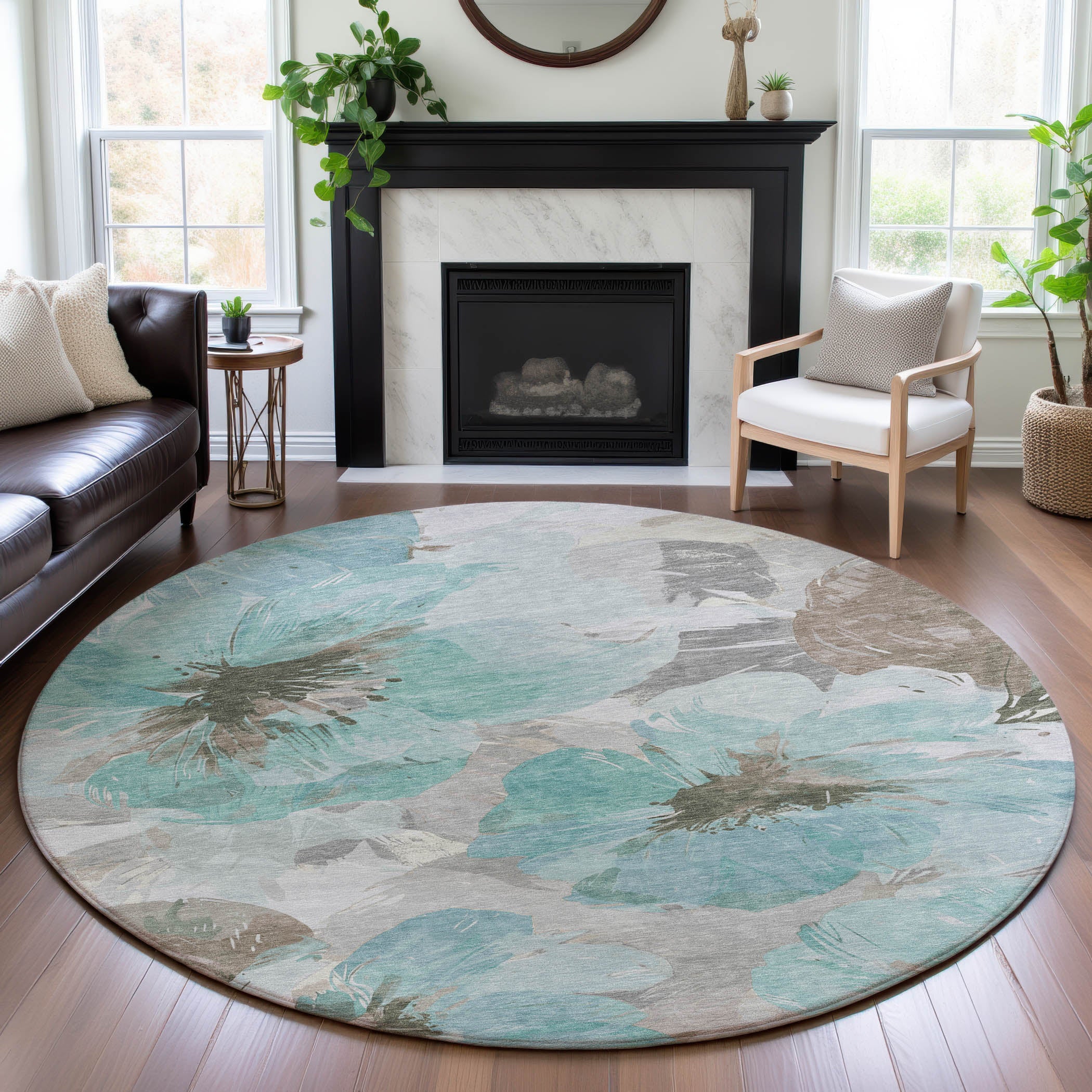 Split Machine Washable Transitional Teal Rug 8' x 8' #shape_Round