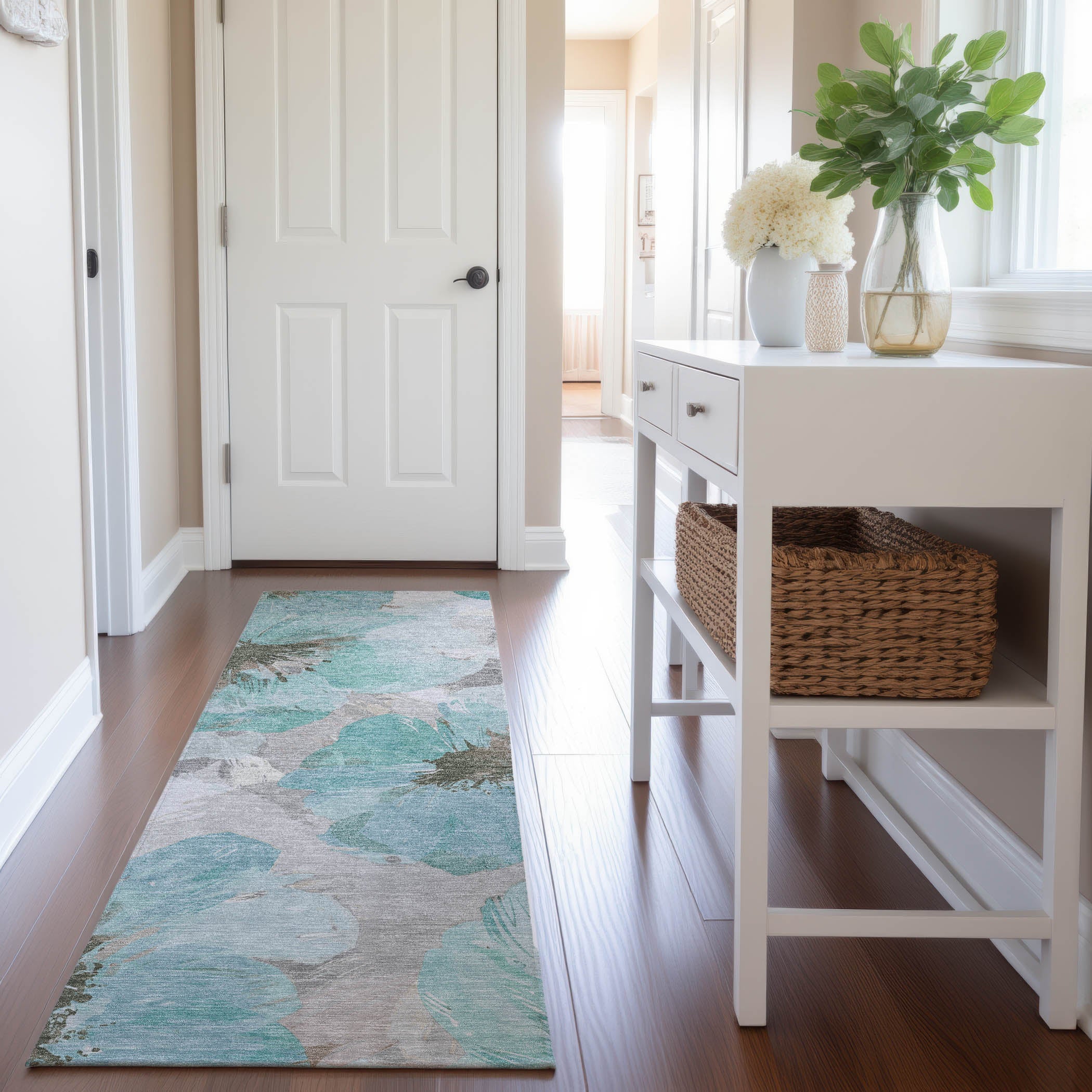 Split Machine Washable Transitional Teal Rug 2'3" x 7'6" #shape_Runner