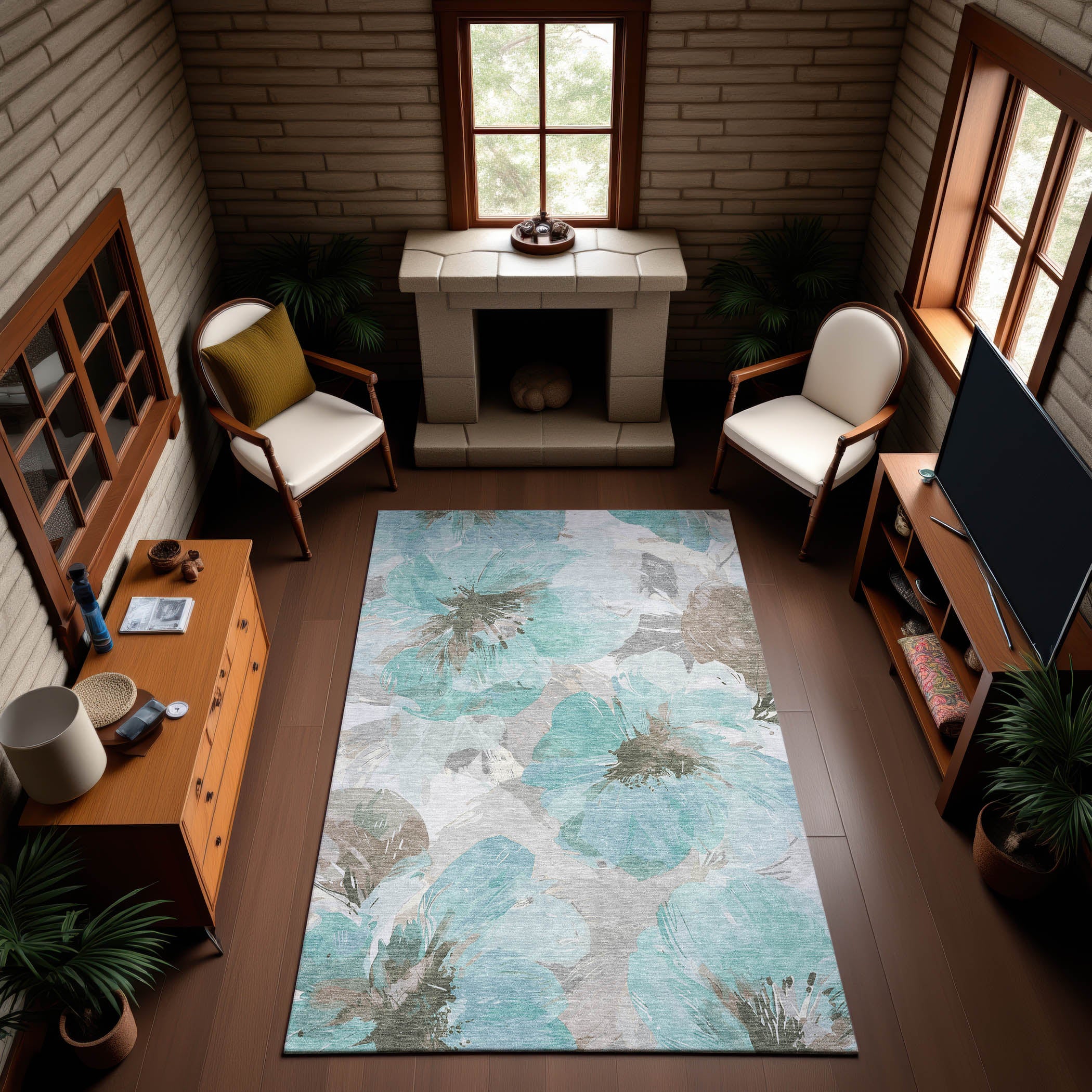 Split Machine Washable Transitional Teal Rug 2'6" x 3'10" #shape_Rectangle