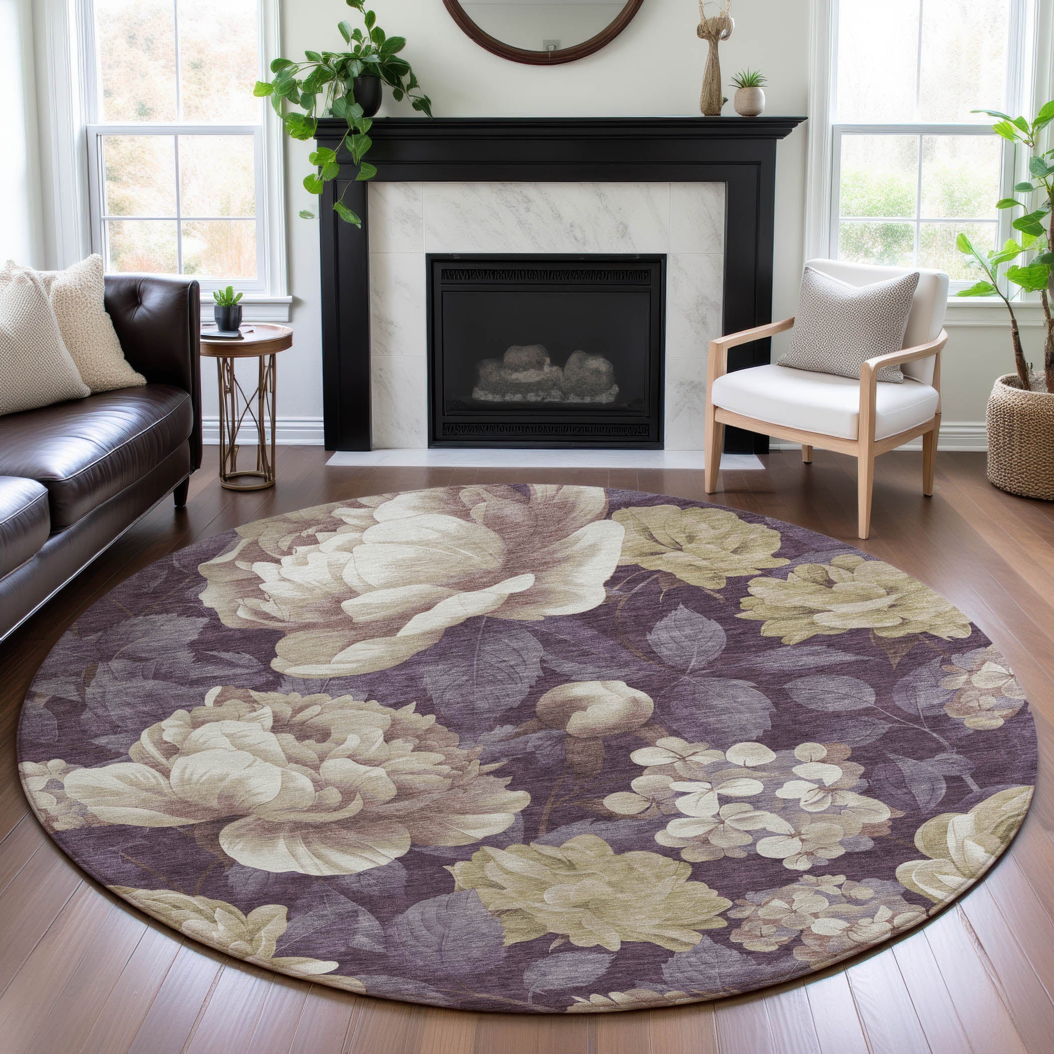 Oslo Machine Washable Transitional Beige Brown Rug 8' x 8' #shape_Round