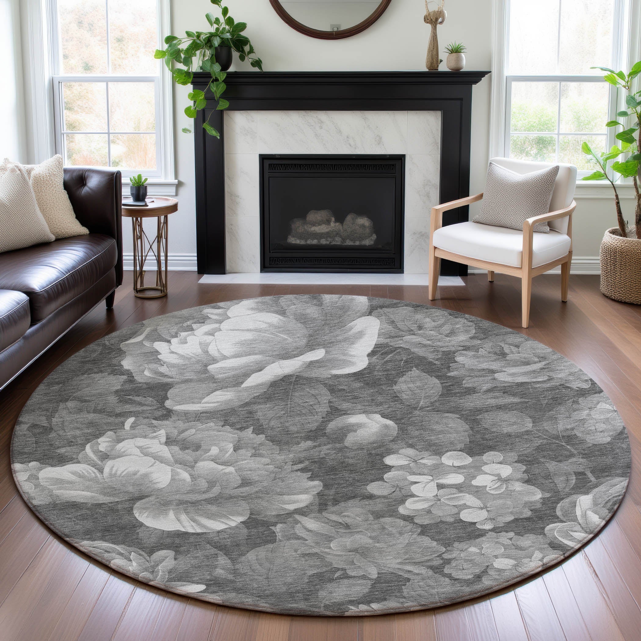 Oslo Machine Washable Transitional Gray Rug 8' x 8' #shape_Round