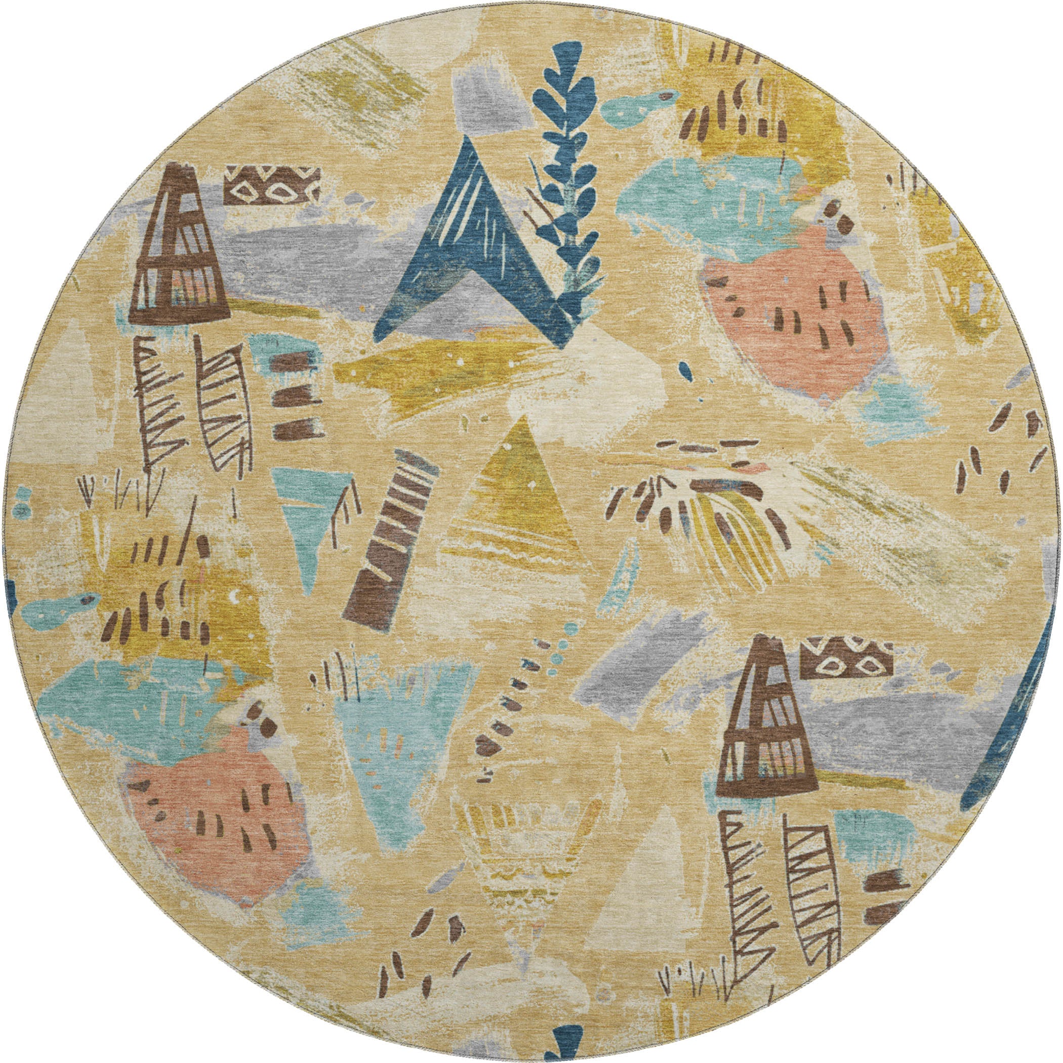 Cusco Machine Washable Transitional Gold Rug 8' x 8' #shape_Round