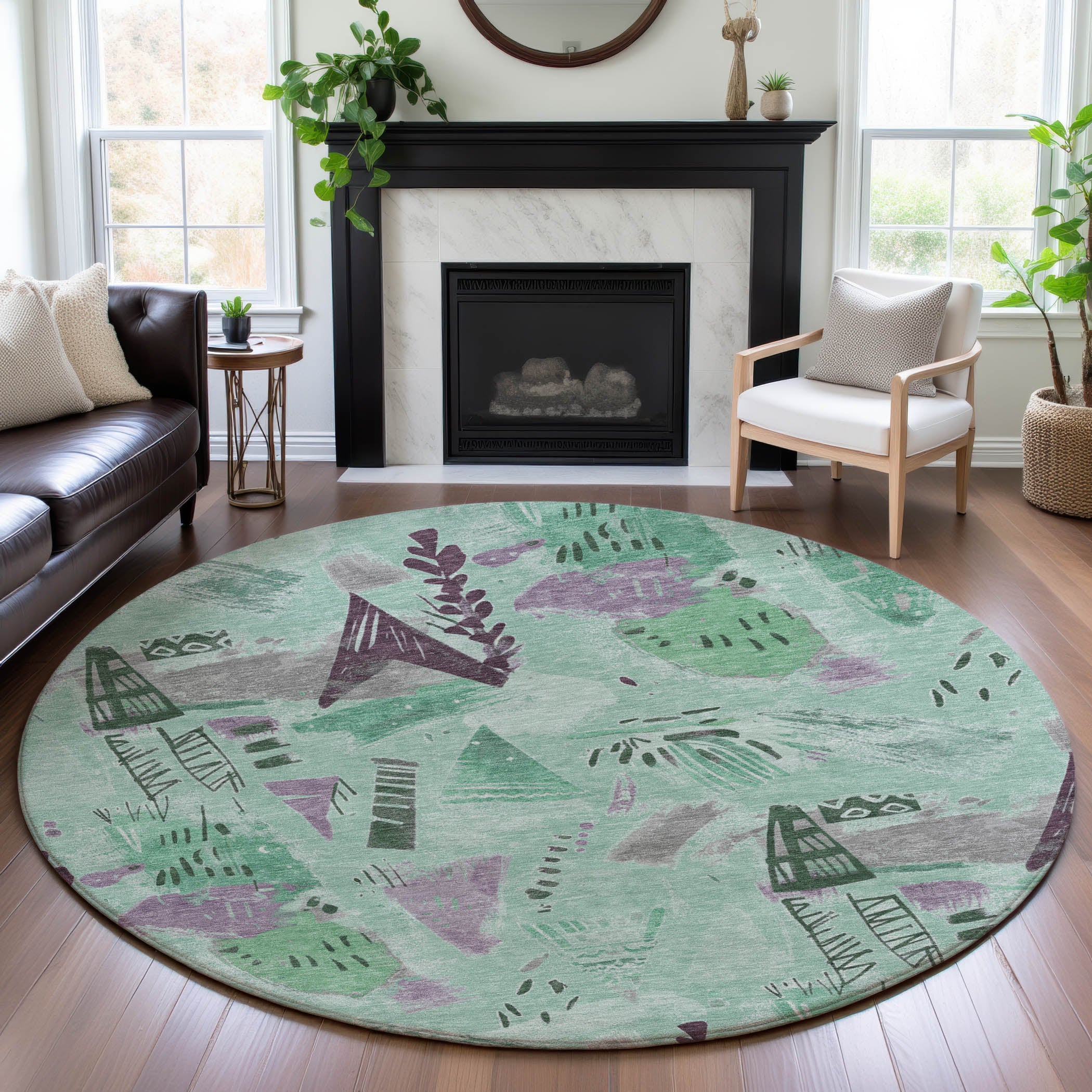 Cusco Machine Washable Transitional Seafoam Blue Rug 8' x 8' #shape_Round