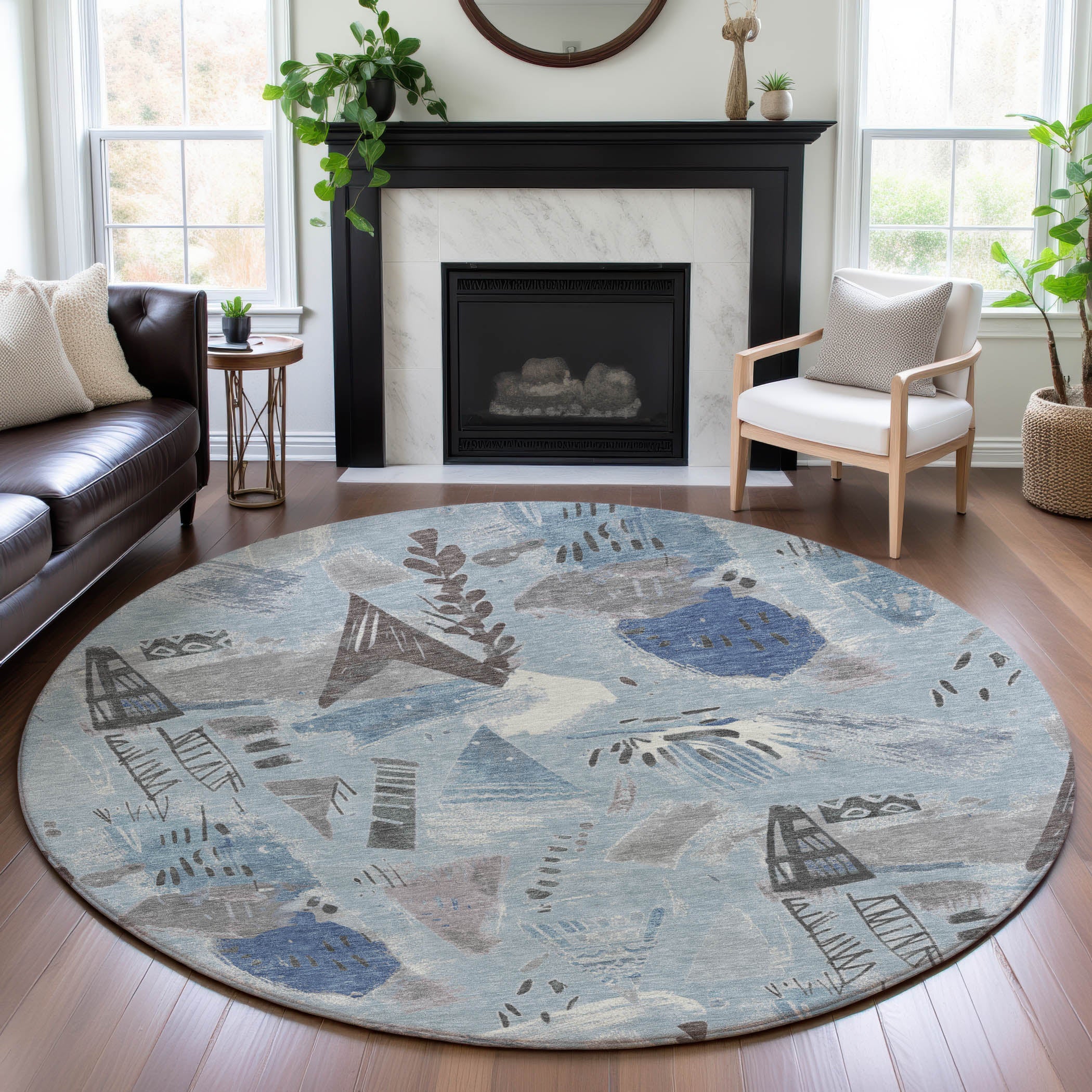 Cusco Machine Washable Transitional Sky Blue Rug 8' x 8' #shape_Round
