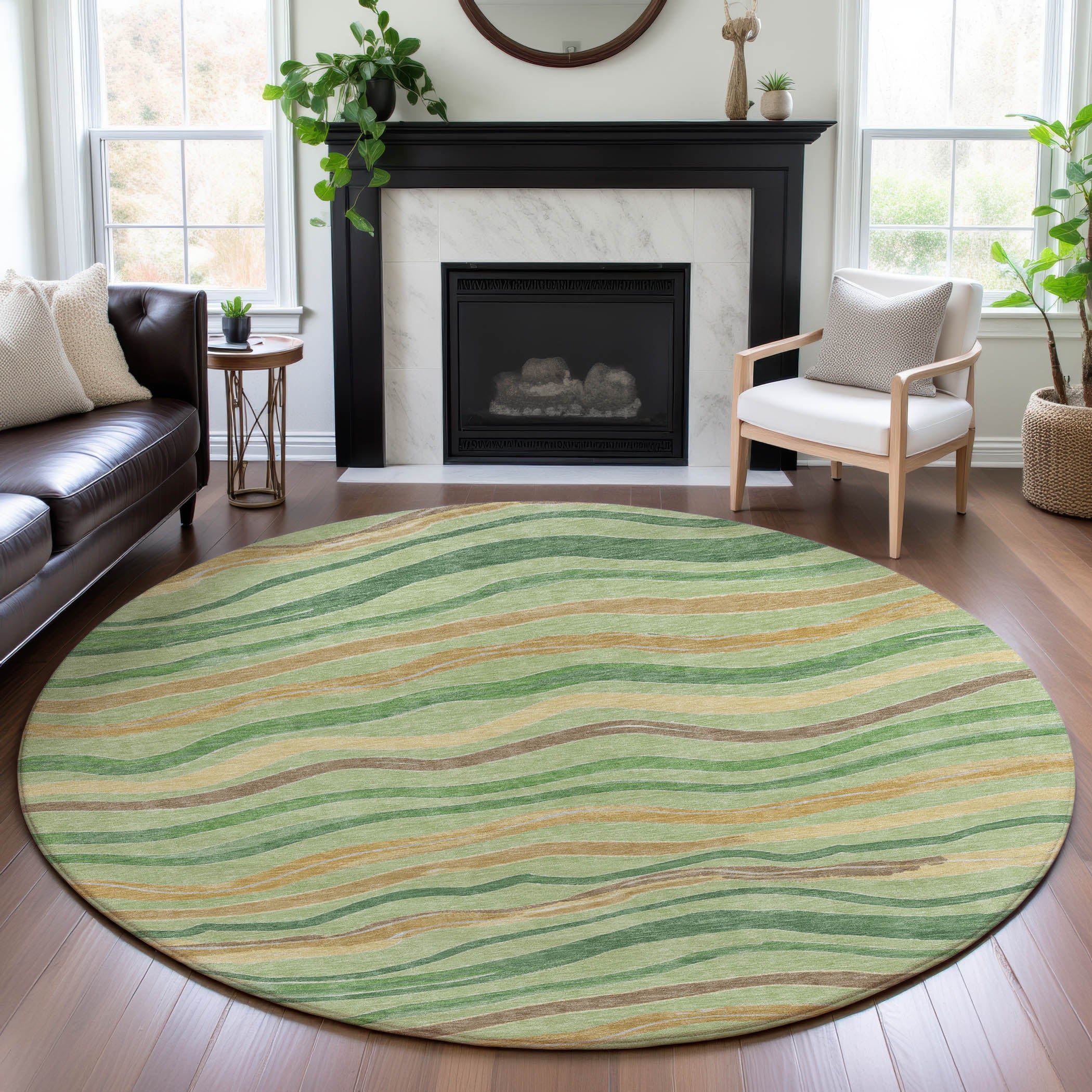 Nairobi Machine Washable Transitional Green Rug 8' x 8' #shape_Round
