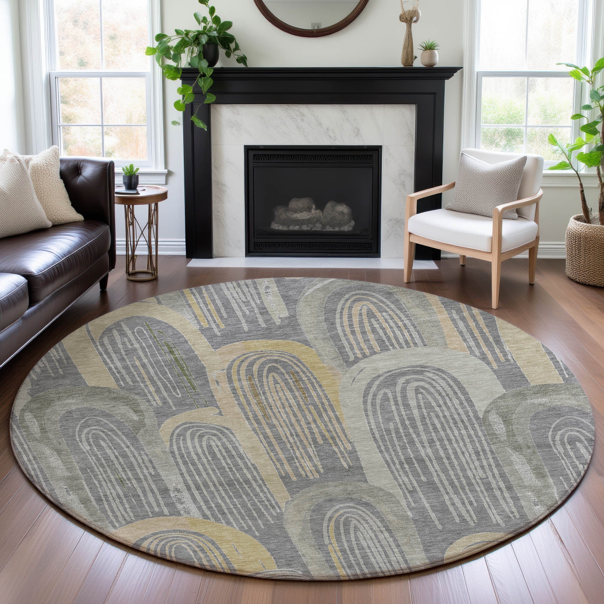 Ghent Machine Washable Transitional Gray Rug 8' x 8' #shape_Round