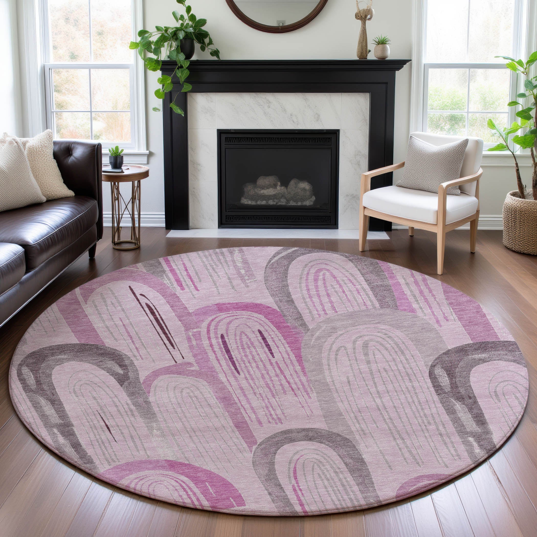Ghent Machine Washable Transitional Pink Rug 8' x 8' #shape_Round