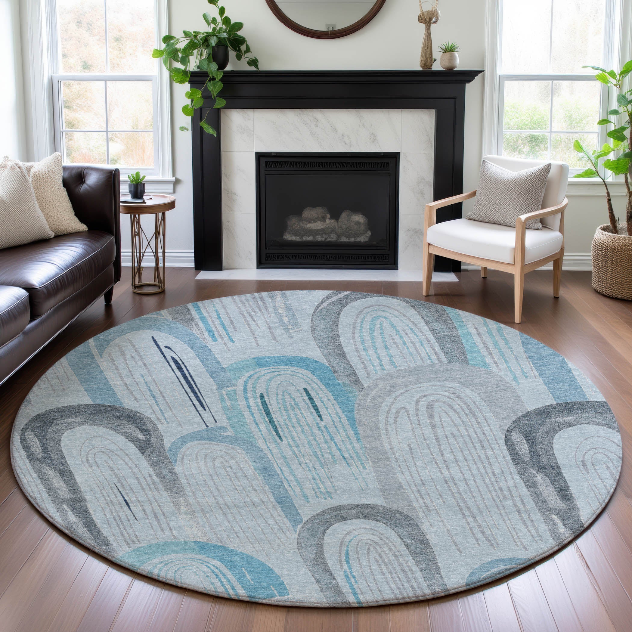 Ghent Machine Washable Transitional Sky Blue Rug 8' x 8' #shape_Round