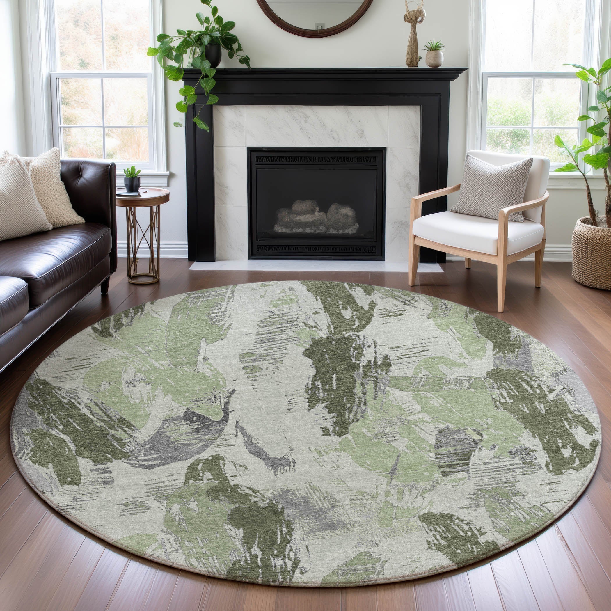 Cairo Machine Washable Transitional Aloe Green Rug 8' x 8' #shape_Round
