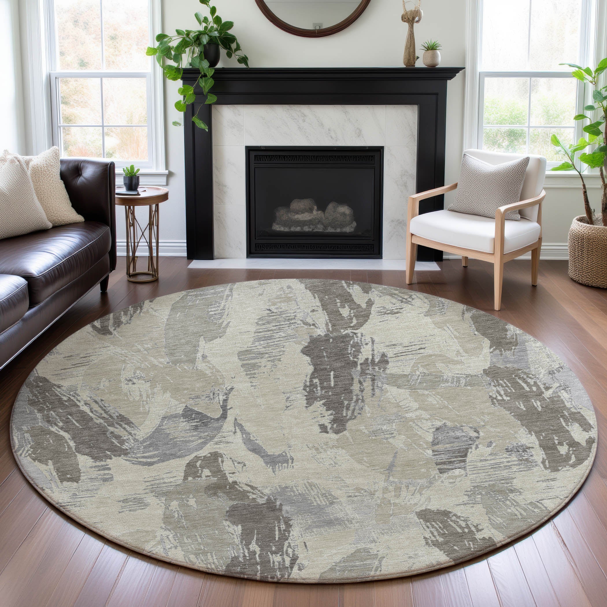 Cairo Machine Washable Transitional Taupe Brown Rug 8' x 8' #shape_Round