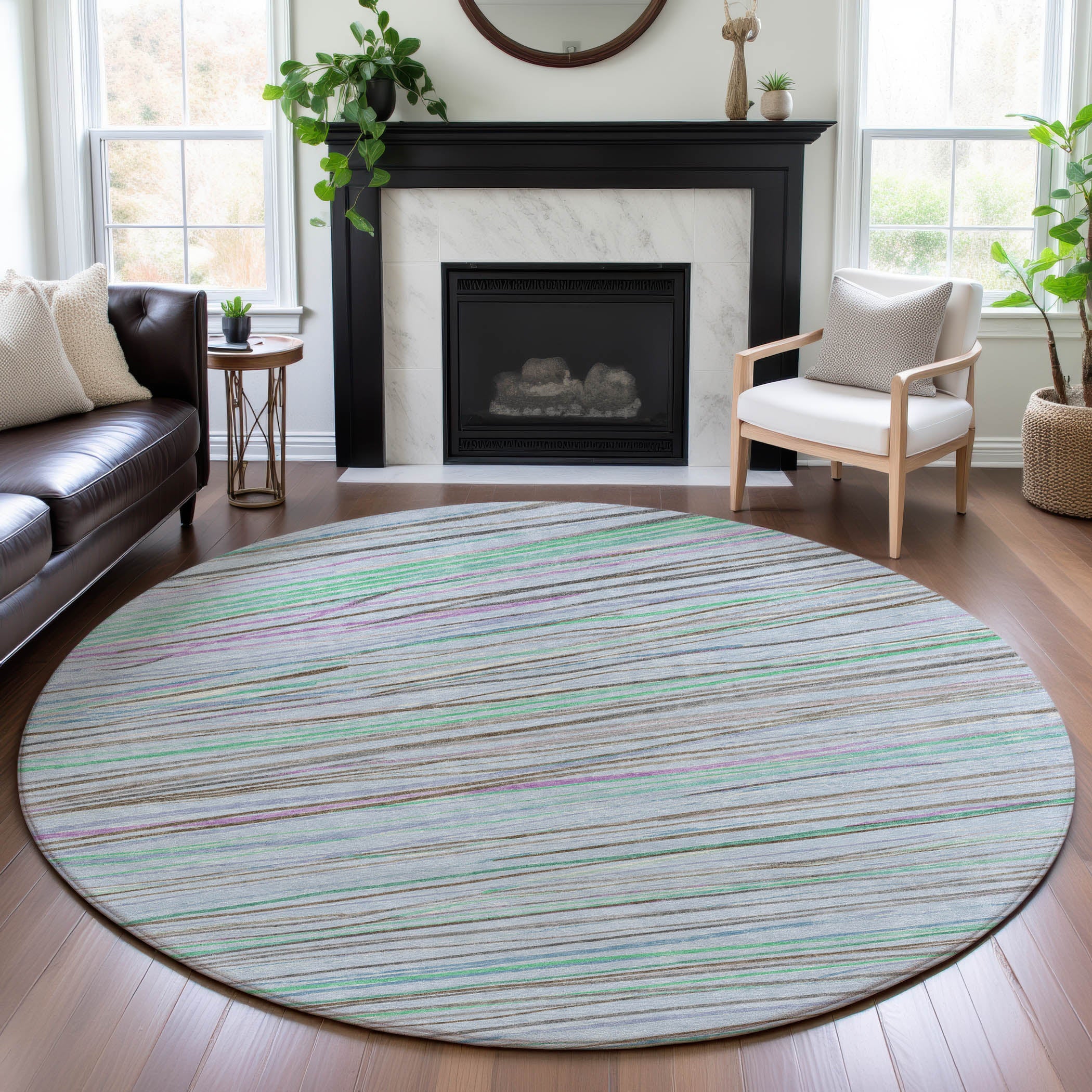 Havana Machine Washable Transitional Sky Blue Rug 8' x 8' #shape_Round
