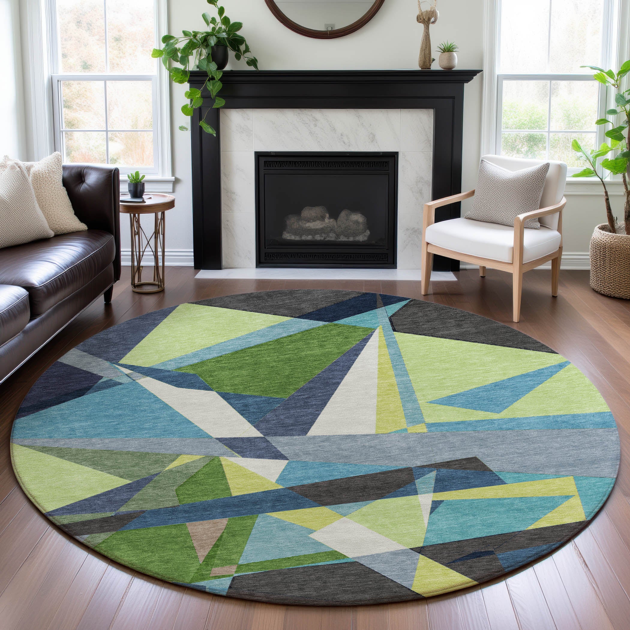 Cairo Machine Washable Transitional Blue Rug 8' x 8' #shape_Round