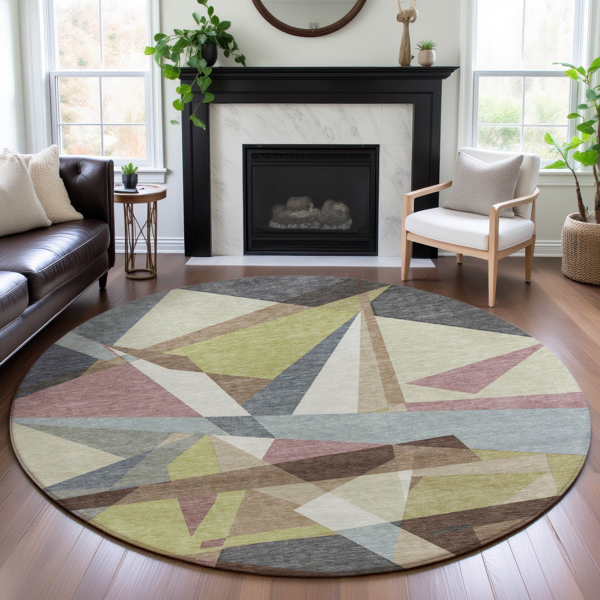 Cairo Machine Washable Transitional Khaki Brown Rug 8' x 8' #shape_Round