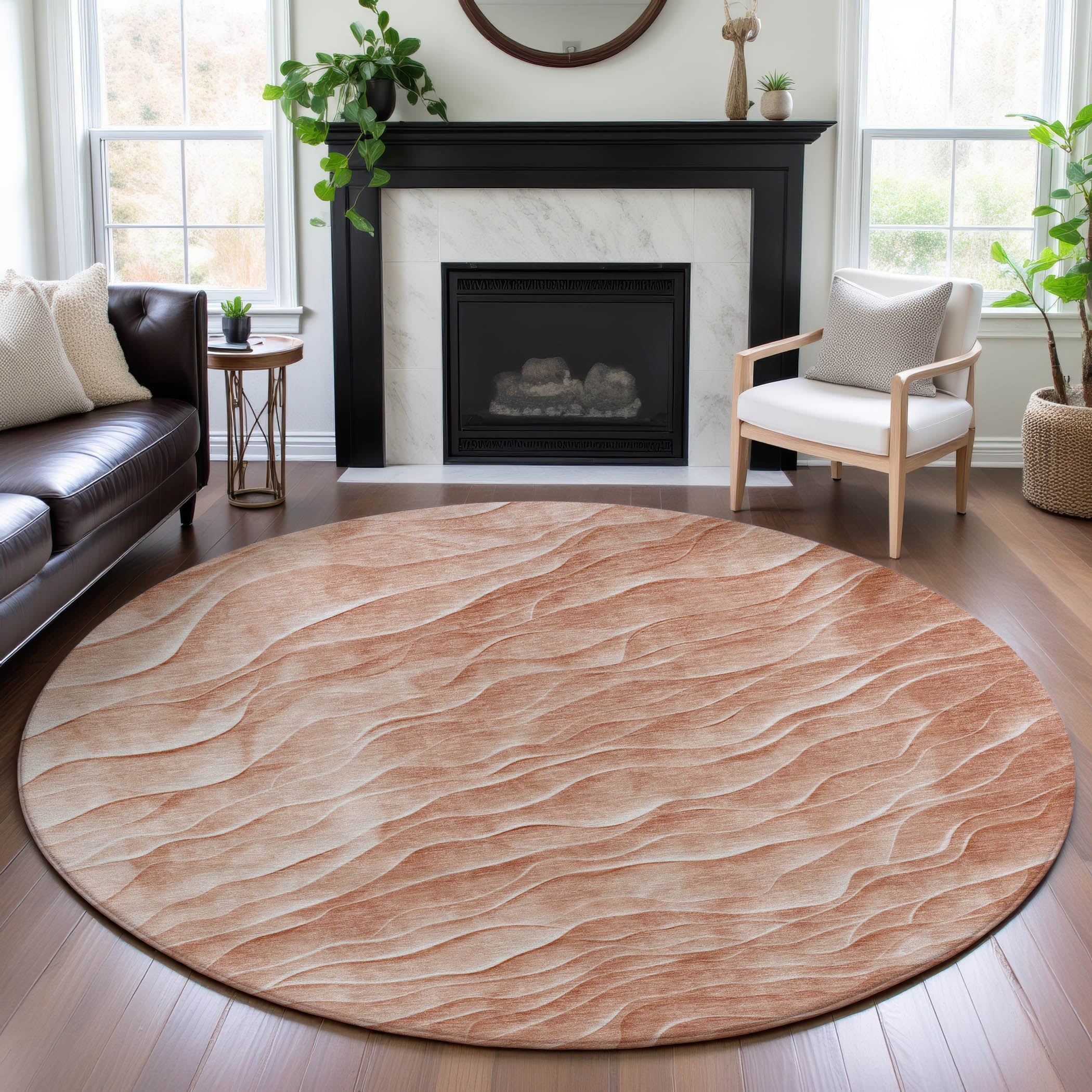 Seville Machine Washable Transitional Coral Orange Rug 8' x 8' #shape_Round