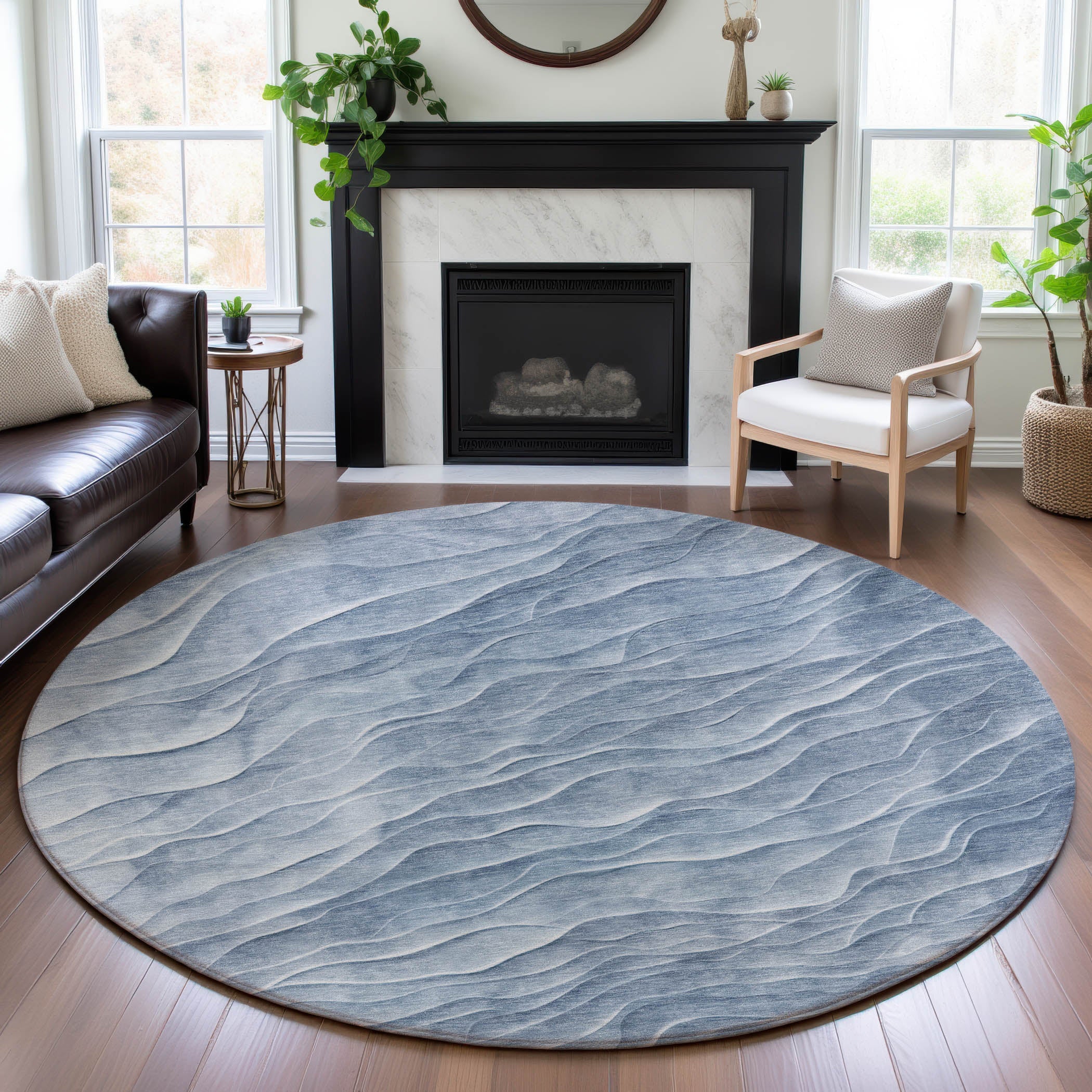 Seville Machine Washable Transitional Denim Blue Rug 8' x 8' #shape_Round