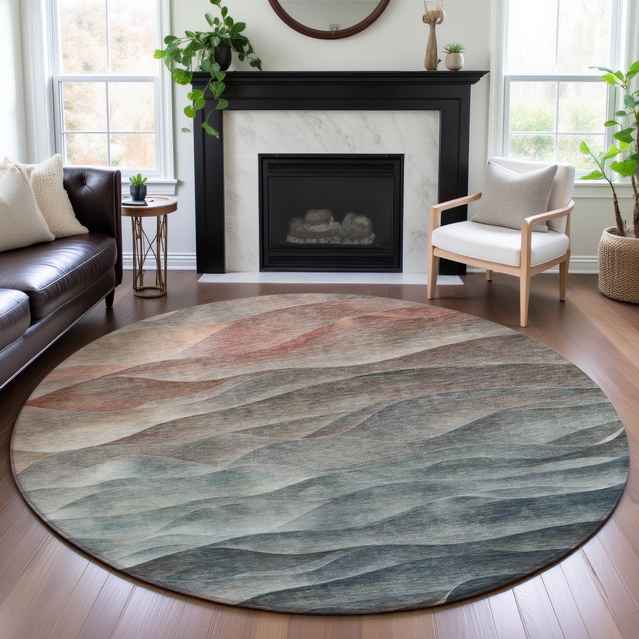 Cartagena Machine Washable Transitional Teal Rug 8' x 8' #shape_Round