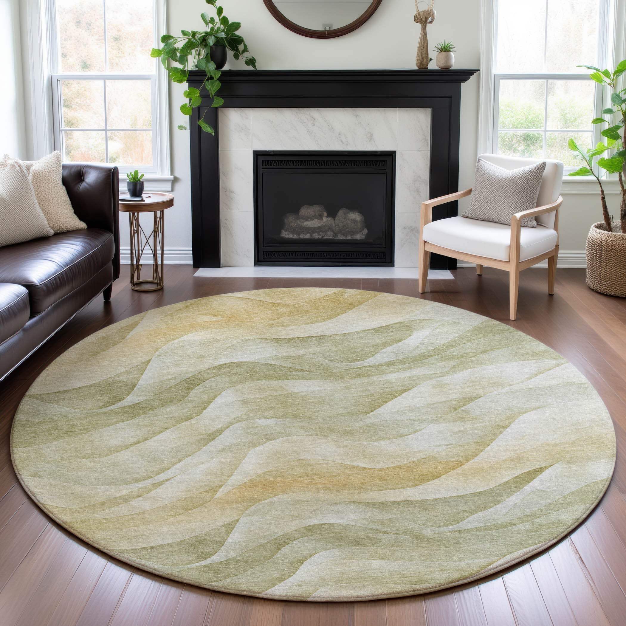 Oslo Machine Washable Transitional Aloe Green Rug 8' x 8' #shape_Round