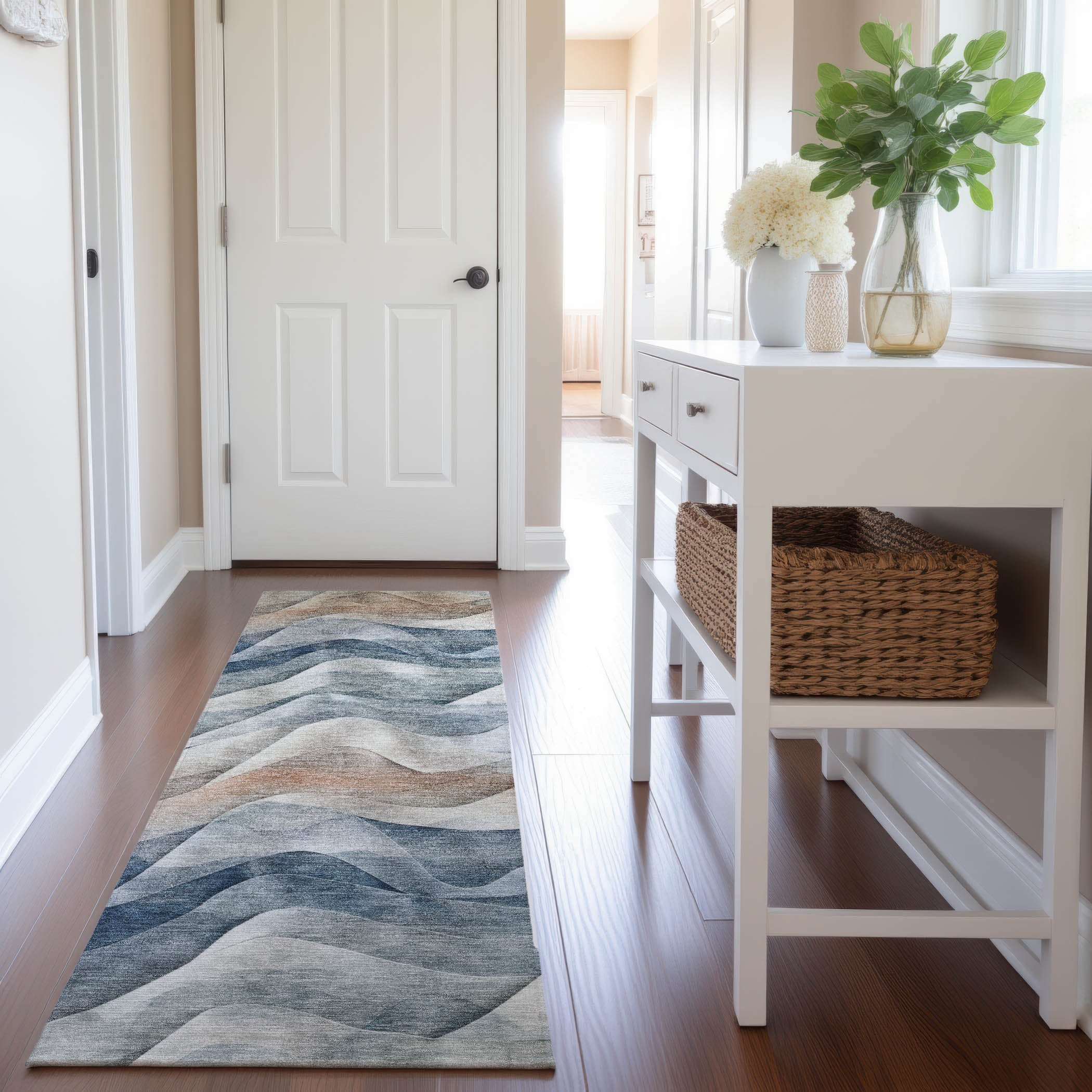Oslo Machine Washable Transitional Blue Rug 2'3" x 7'6" #shape_Runner