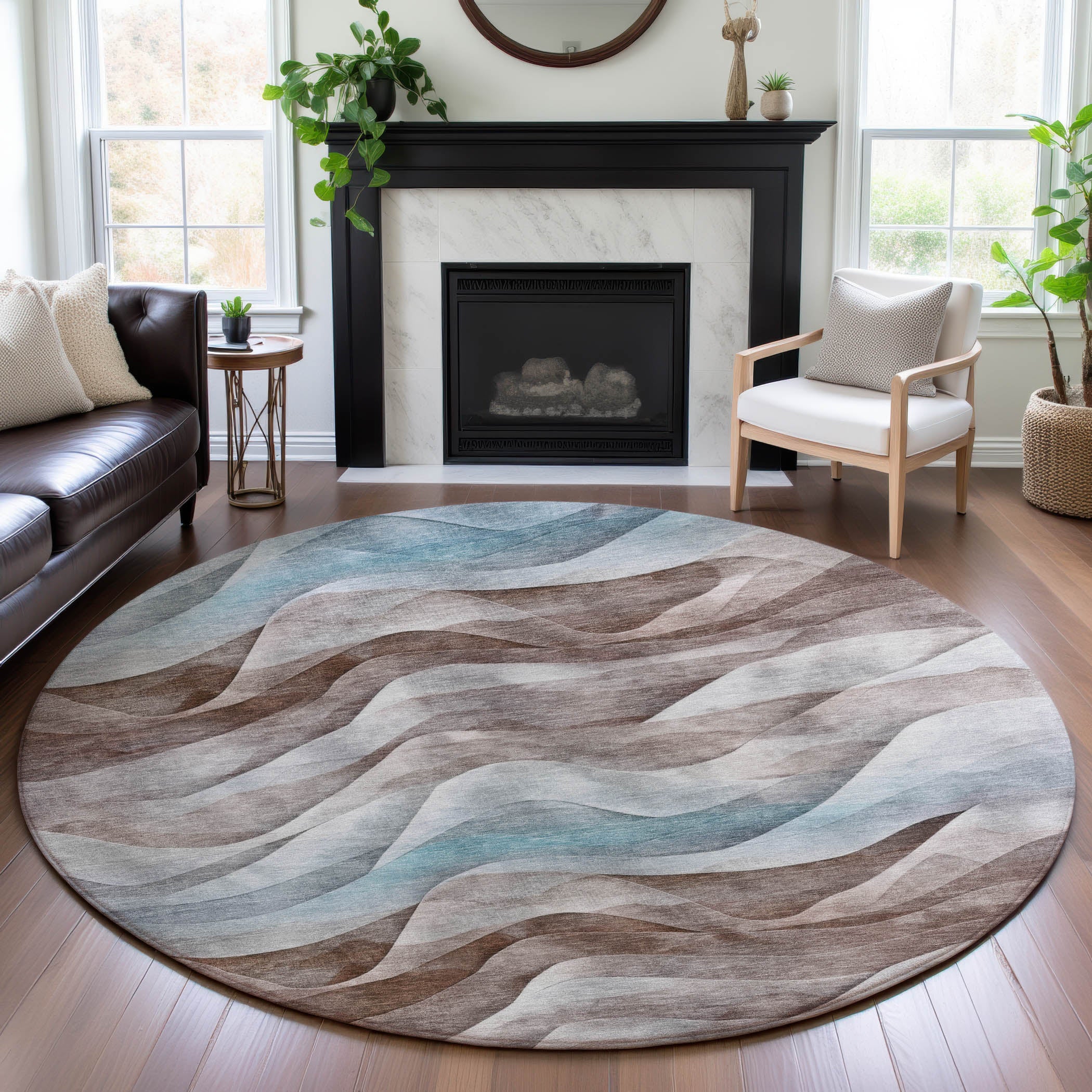 Oslo Machine Washable Transitional Mocha Brown Rug 8' x 8' #shape_Round