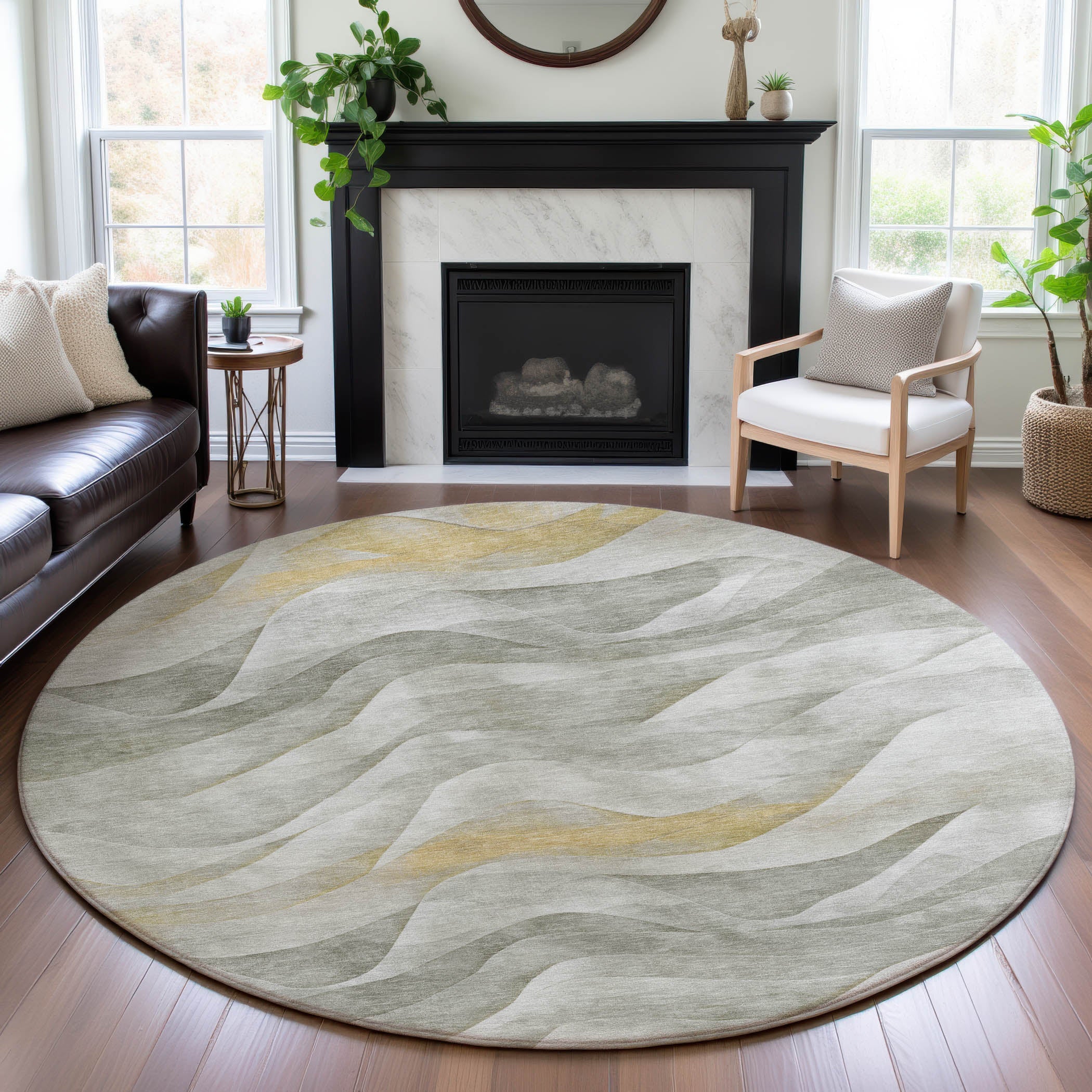 Oslo Machine Washable Transitional Silver Gray Rug 8' x 8' #shape_Round