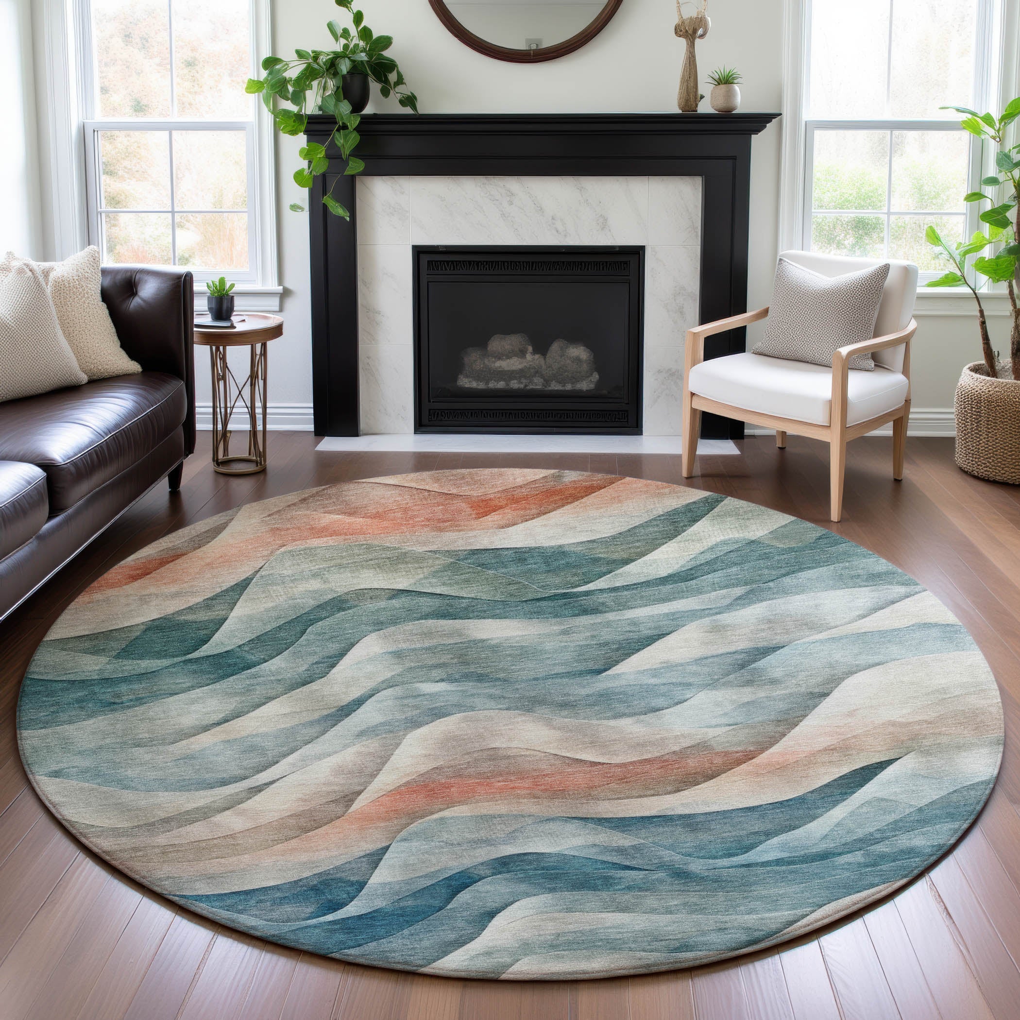 Oslo Machine Washable Transitional Teal Rug 8' x 8' #shape_Round