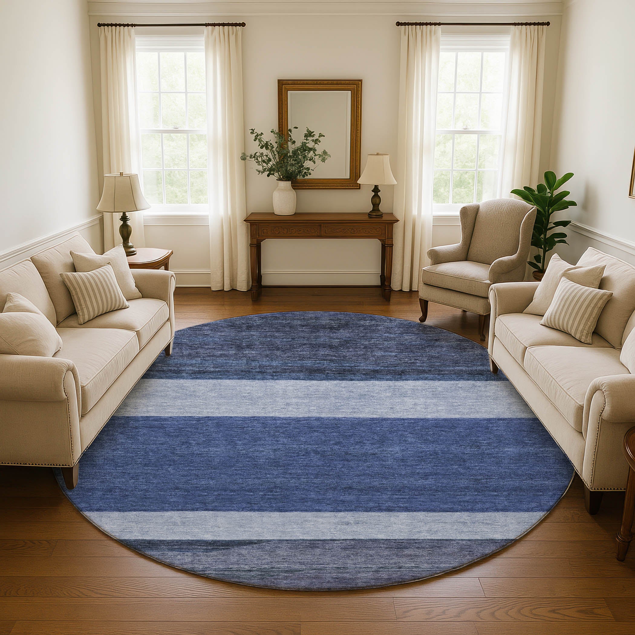 Ghent Machine Washable Transitional Navy Blue Rug 8' x 8' #shape_Round
