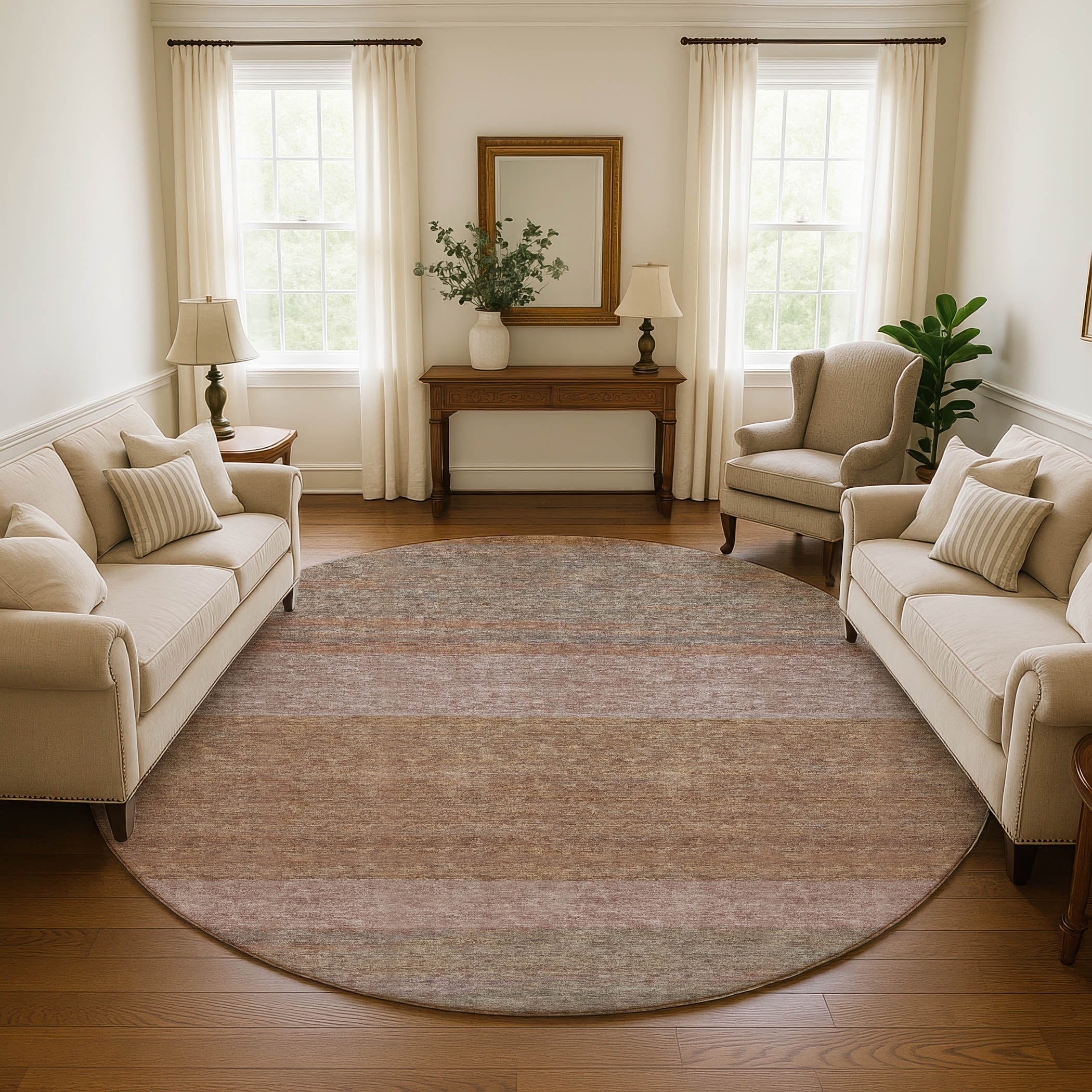 Ghent Machine Washable Transitional Salmon Orange Rug 8' x 8' #shape_Round