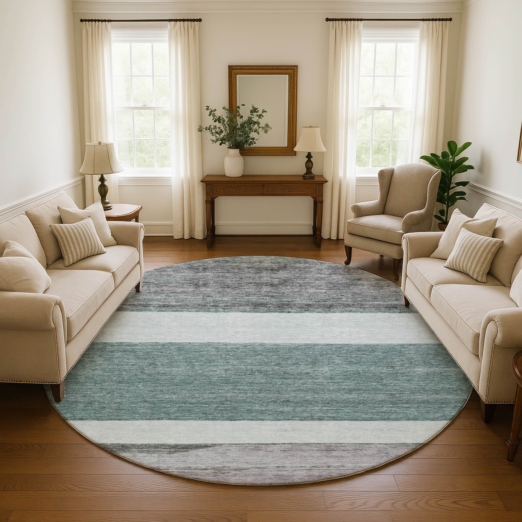 Ghent Machine Washable Transitional Teal Rug 8' x 8' #shape_Round