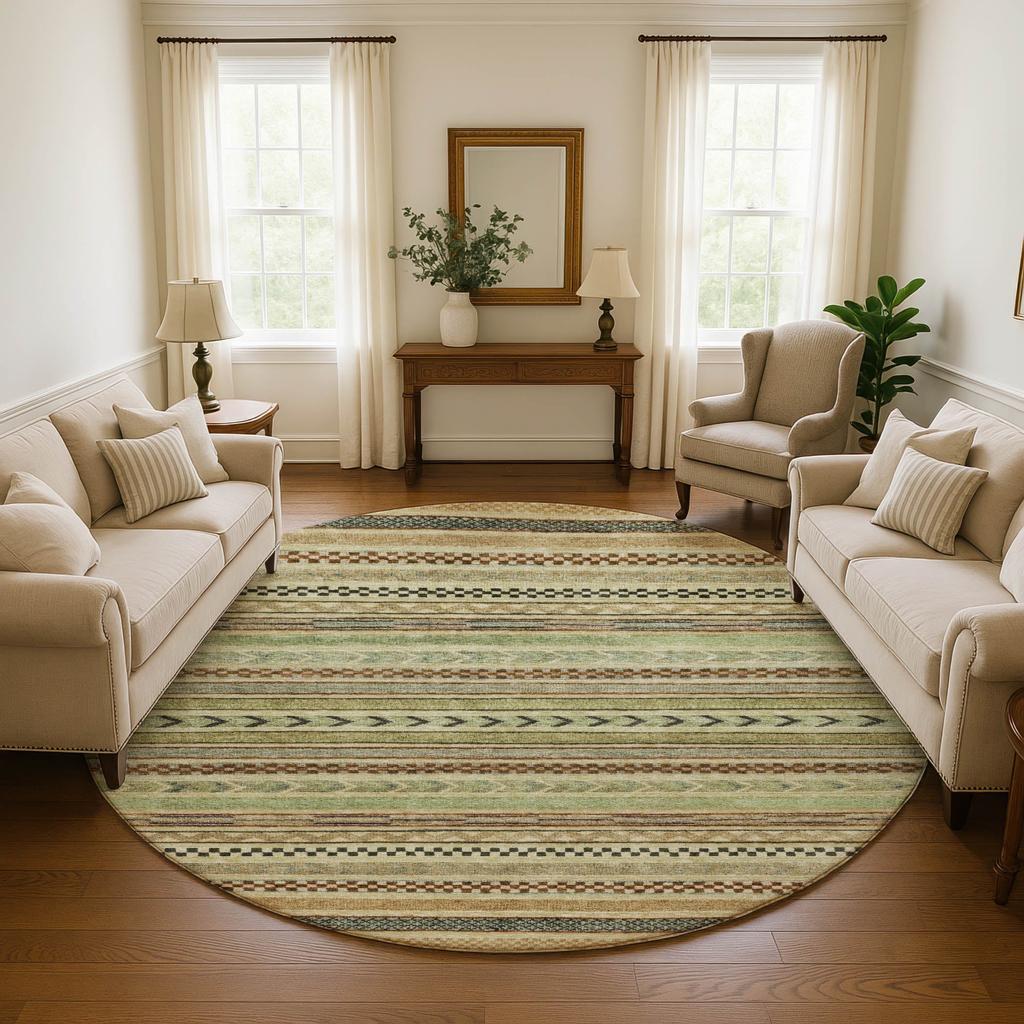 Sarajevo Machine Washable Transitional Beige Brown Rug 8' x 8' #shape_Round