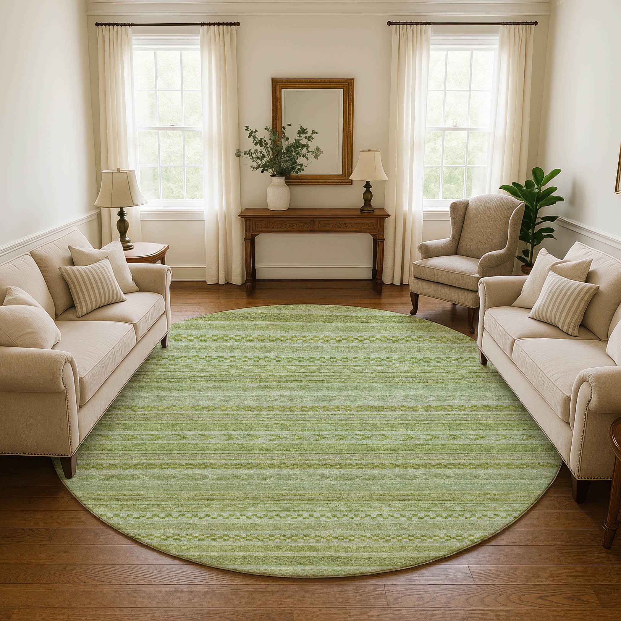 Sarajevo Machine Washable Transitional Cactus Green Rug 8' x 8' #shape_Round